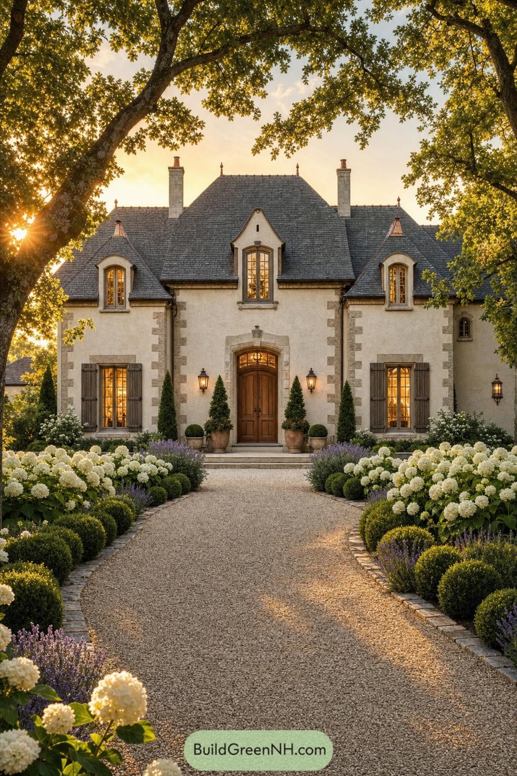 Limestone manor with a slate roof and formal flower garden