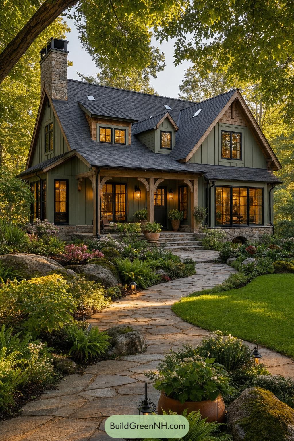 Green board and batten cottage with stone chimney and garden path