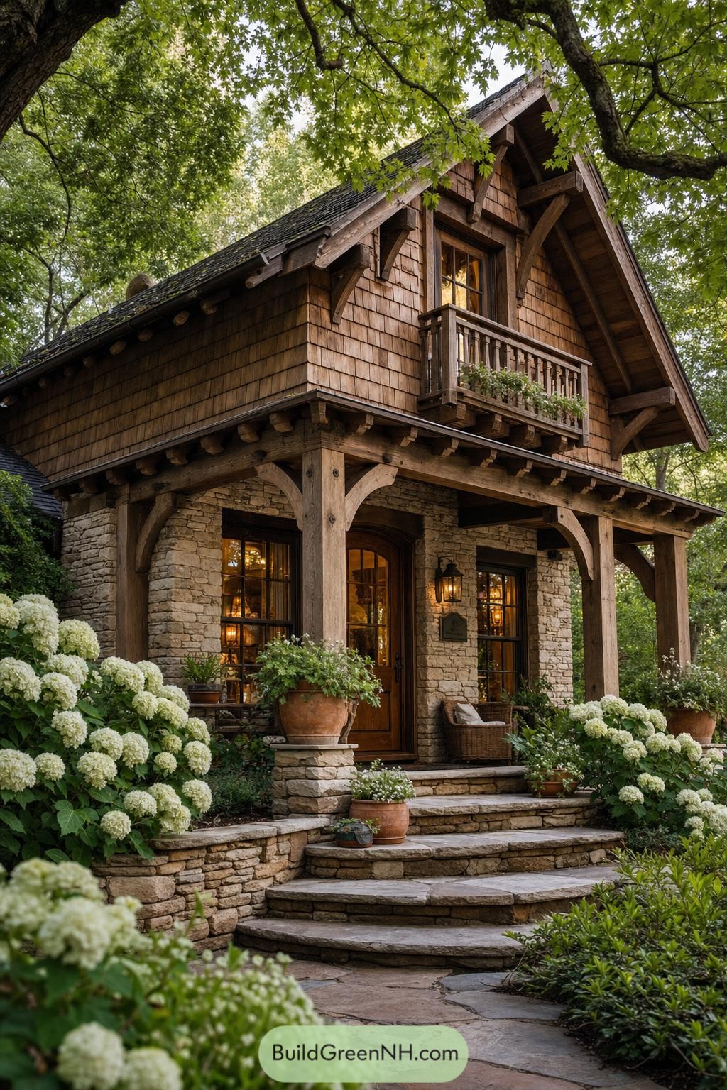 Stone and cedar cottage with porch beneath mature trees
