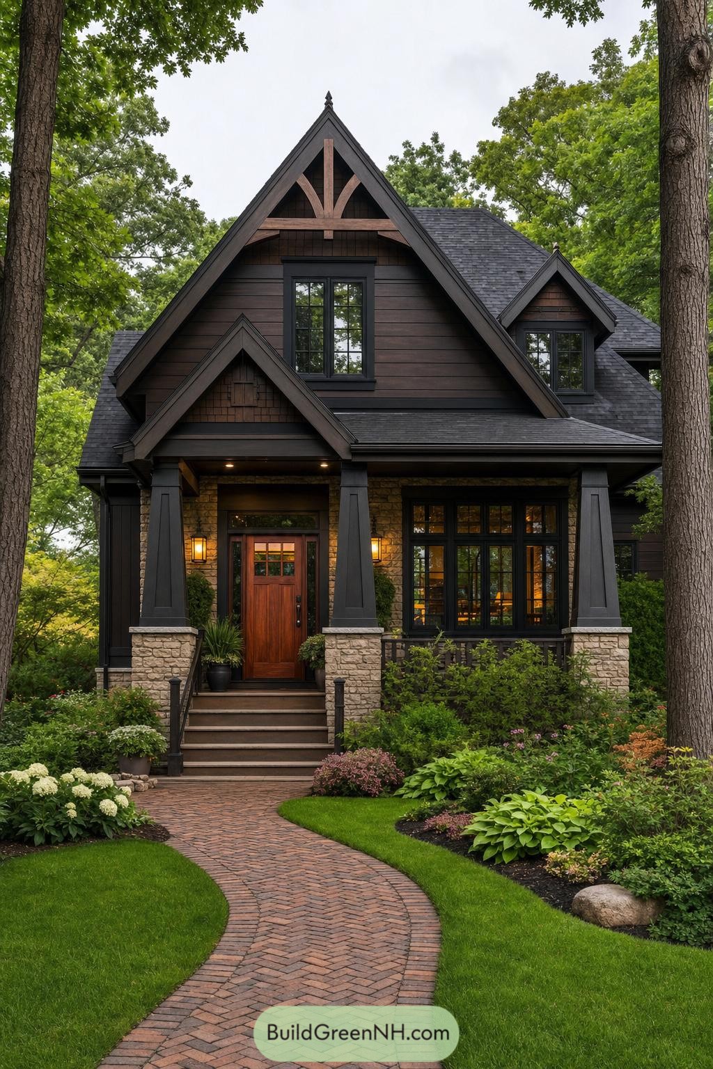 Dark gabled cottage with stone porch and brick path