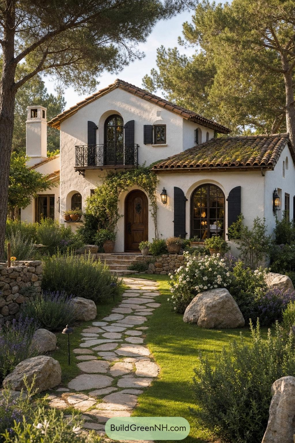 White stucco villa with tiled roof and garden path