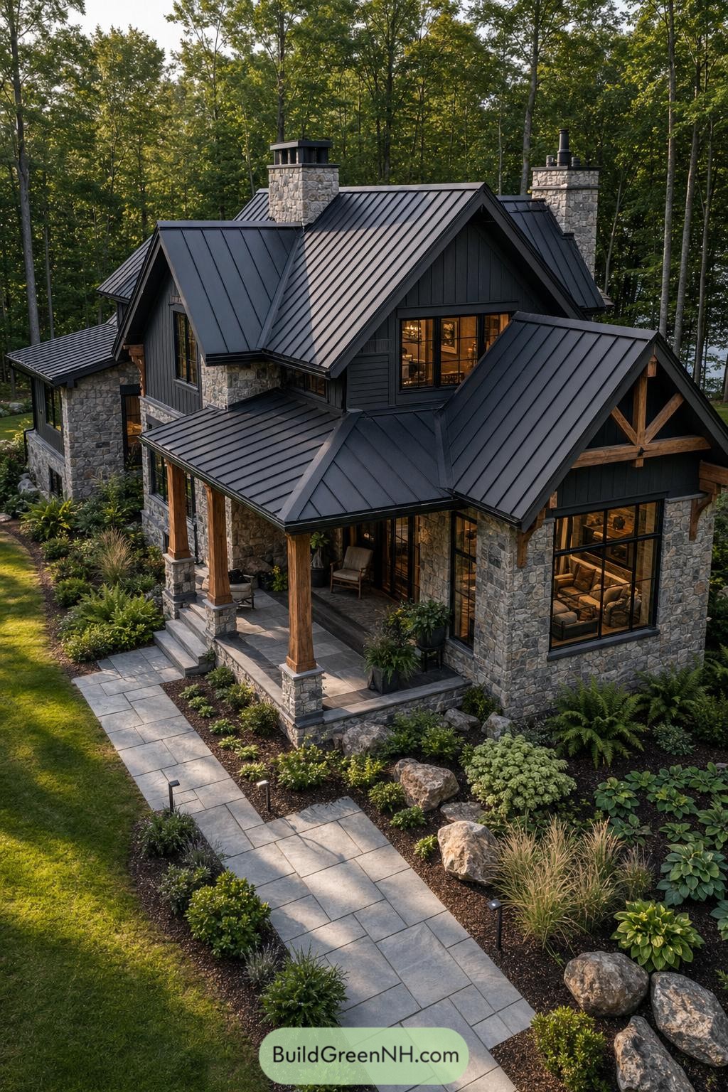 Dark gabled stone house nestled among mature trees