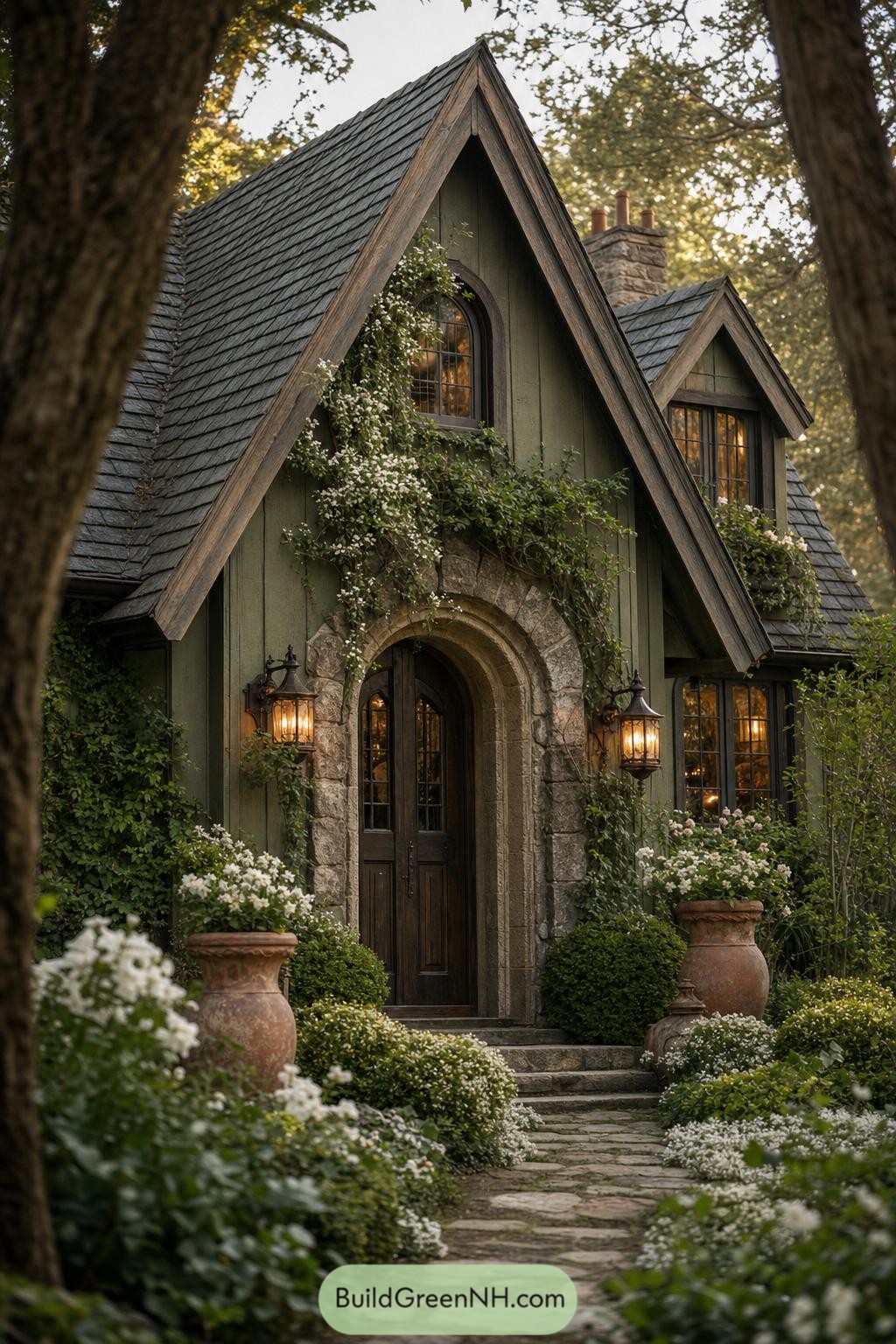 Green gabled cottage with stone arched entry and climbing flowers