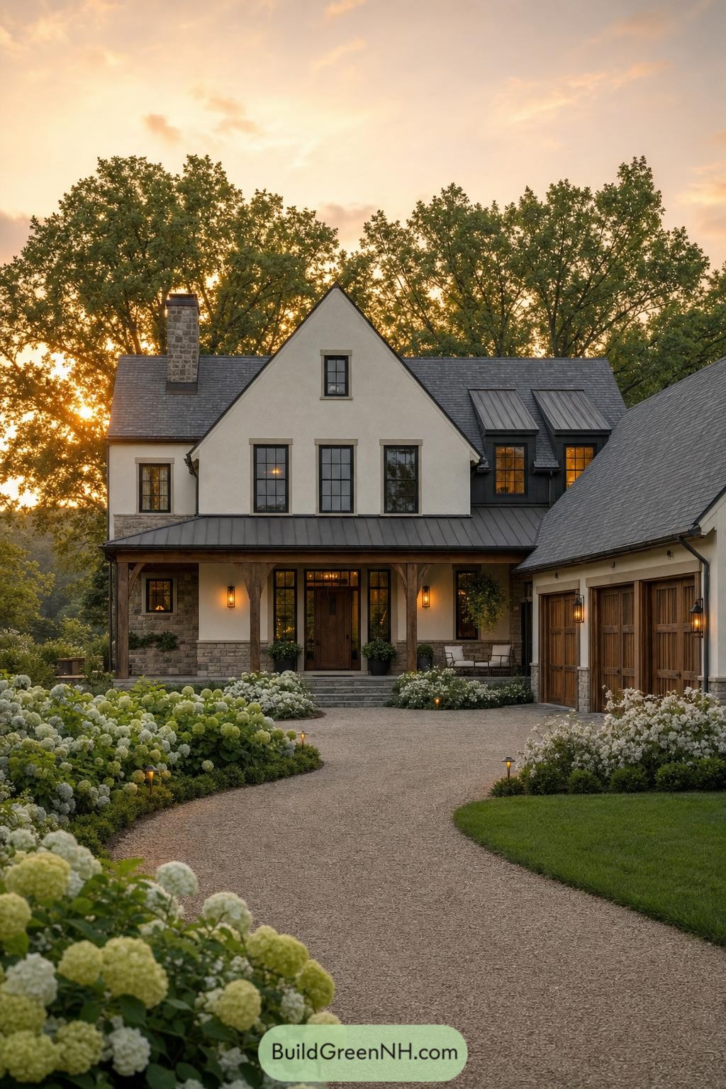 Cream gabled house with stone chimney and hydrangea-lined path at sunset