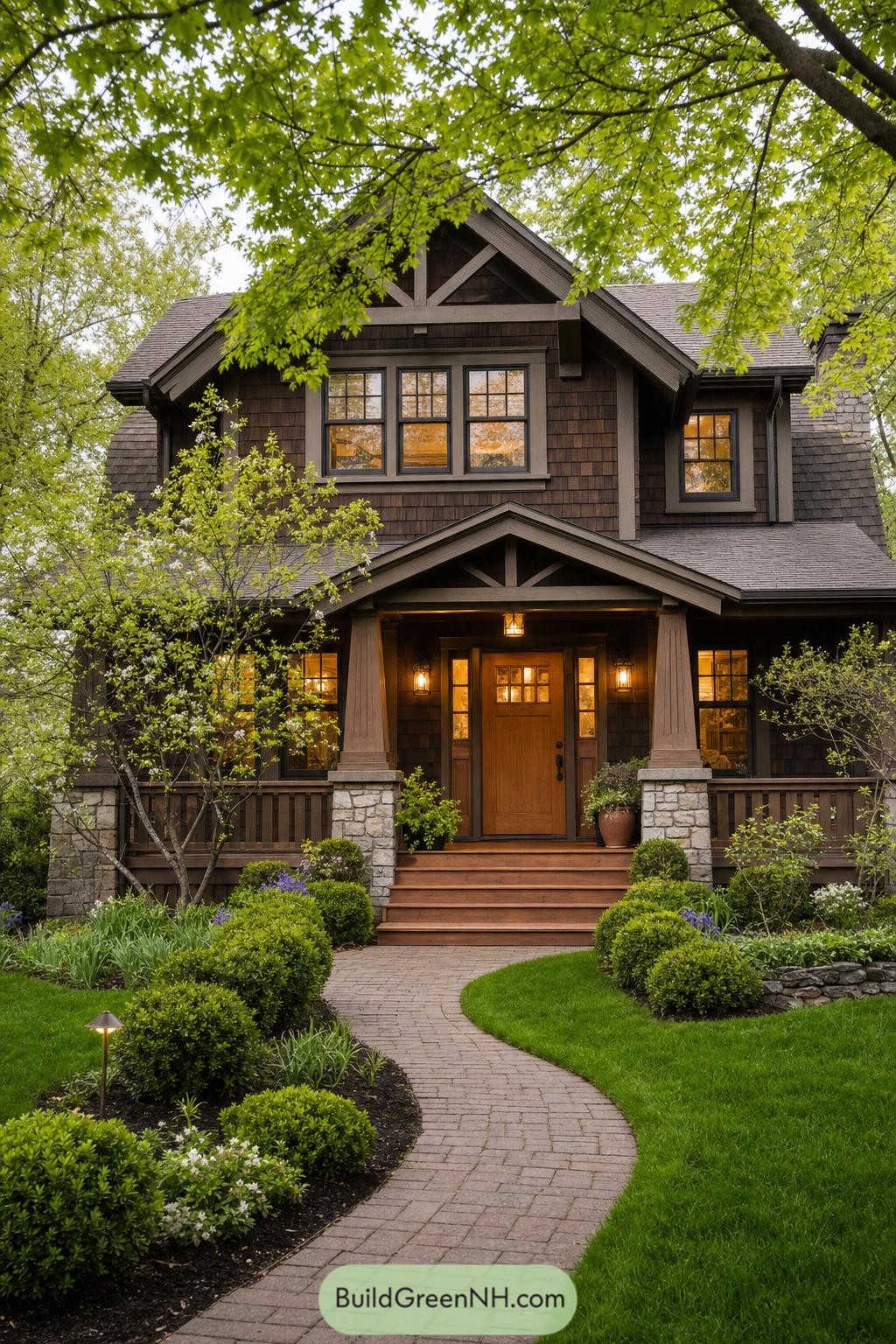 Dark shingle Craftsman home with stone porch columns and lush garden path