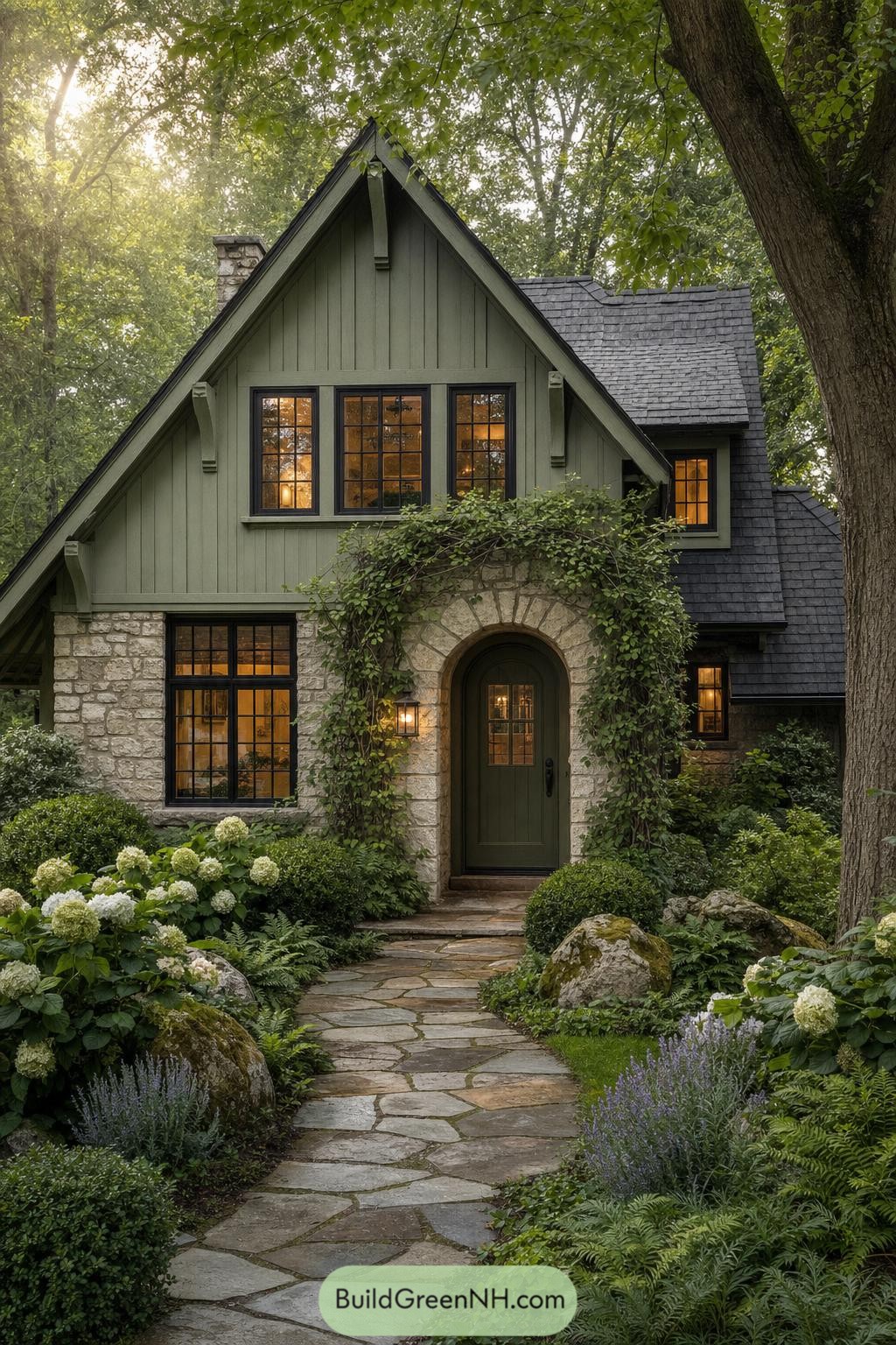 Green gabled cottage with stone entry and garden path