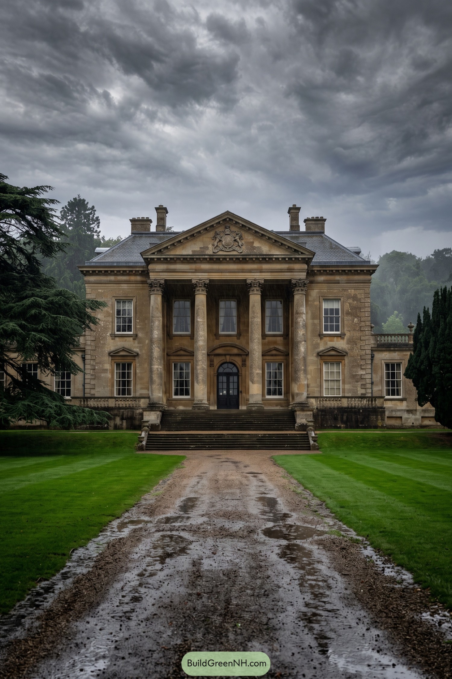 Neoclassical stone estate with a grand four-column portico