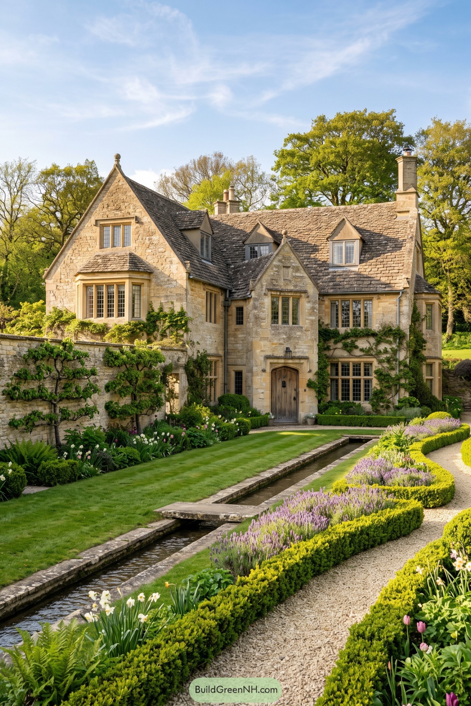 Honey stone manor with gables beside a formal rill garden