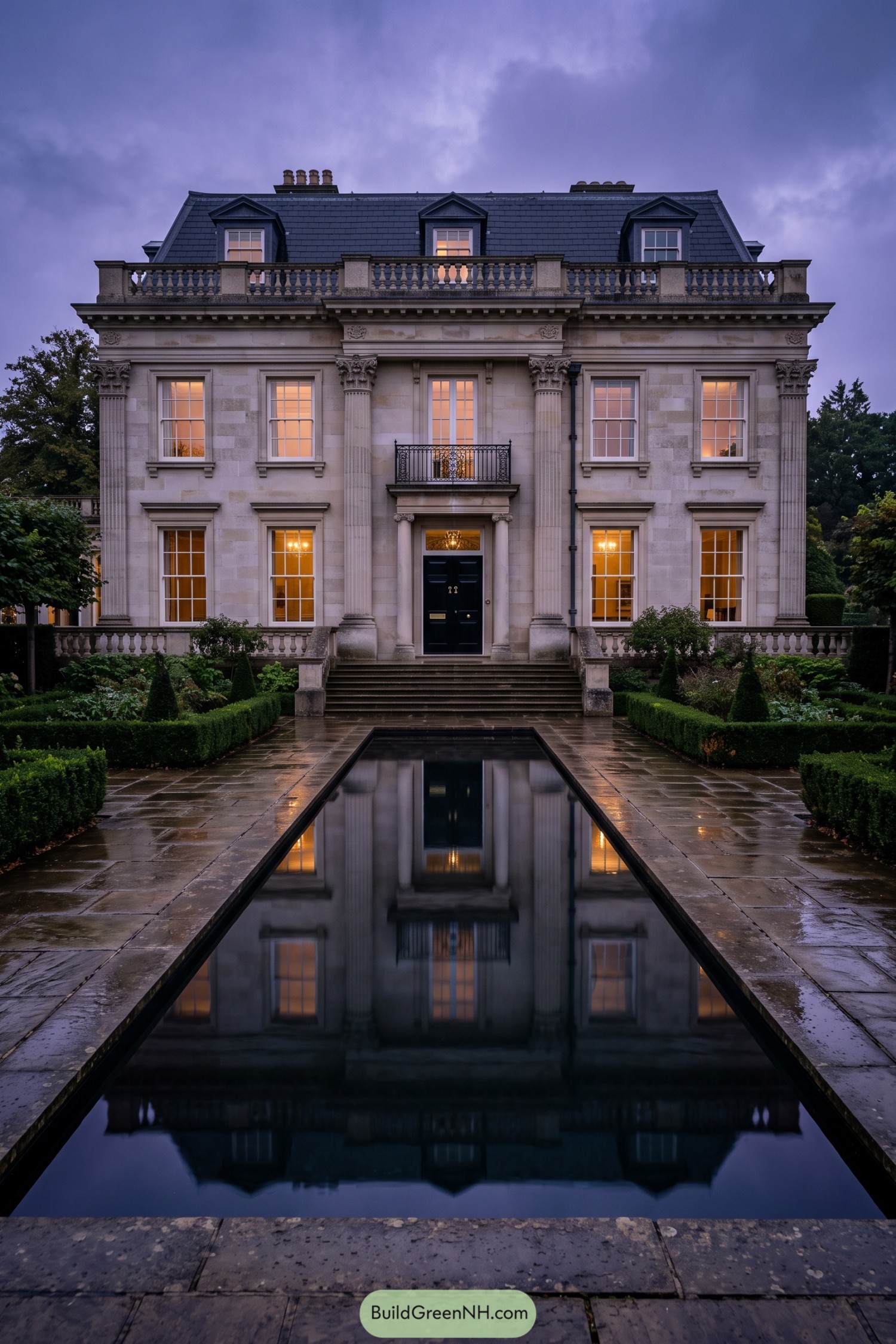 Grand limestone residence with a formal reflecting pool and clipped gardens