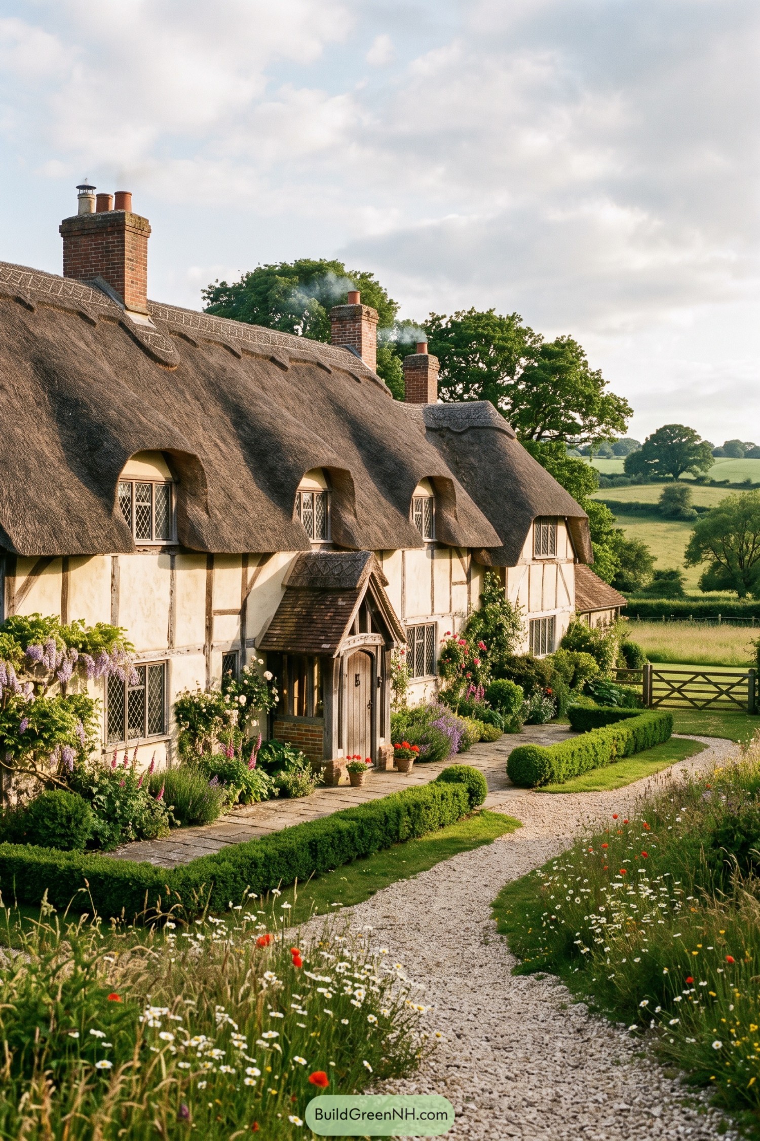 Thatched timber frame cottage with leaded windows and cottage garden