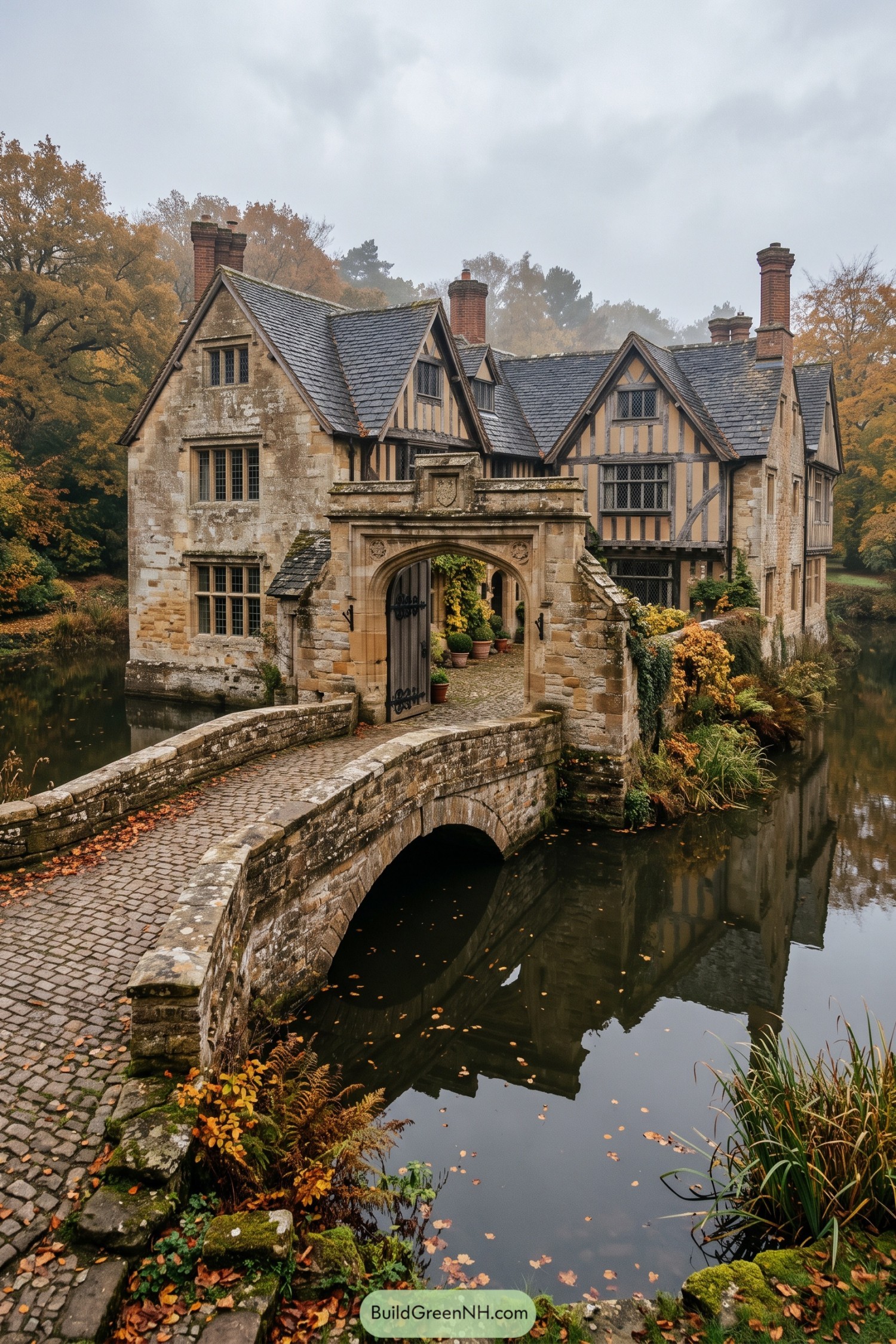 Stone Tudor home with an arched gatehouse and bridge over water
