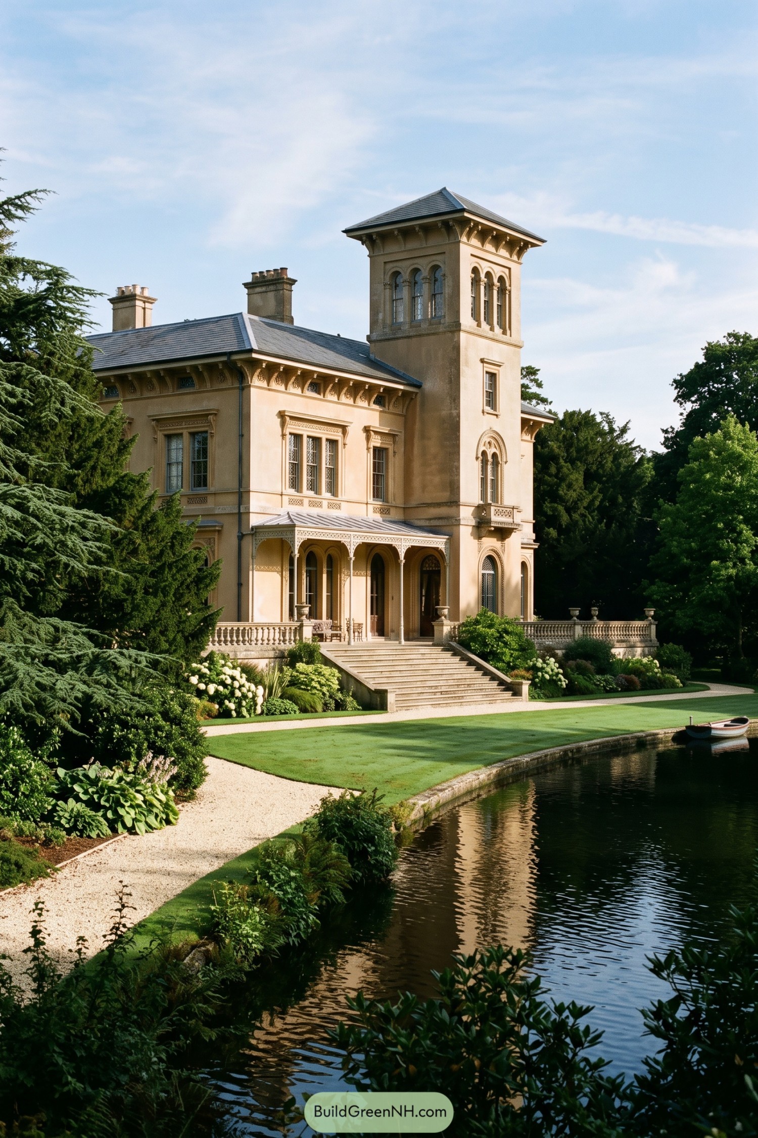 Italianate villa with arched veranda beside a canal