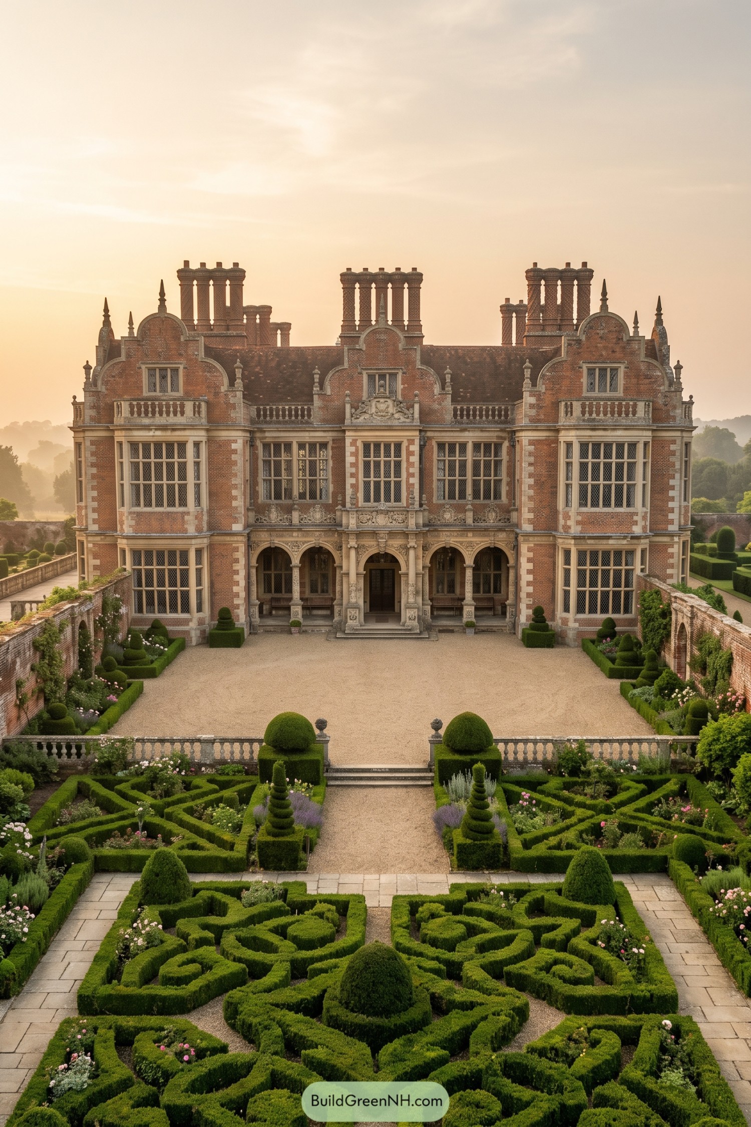 Red brick Elizabethan manor with ornate chimneys and formal knot gardens