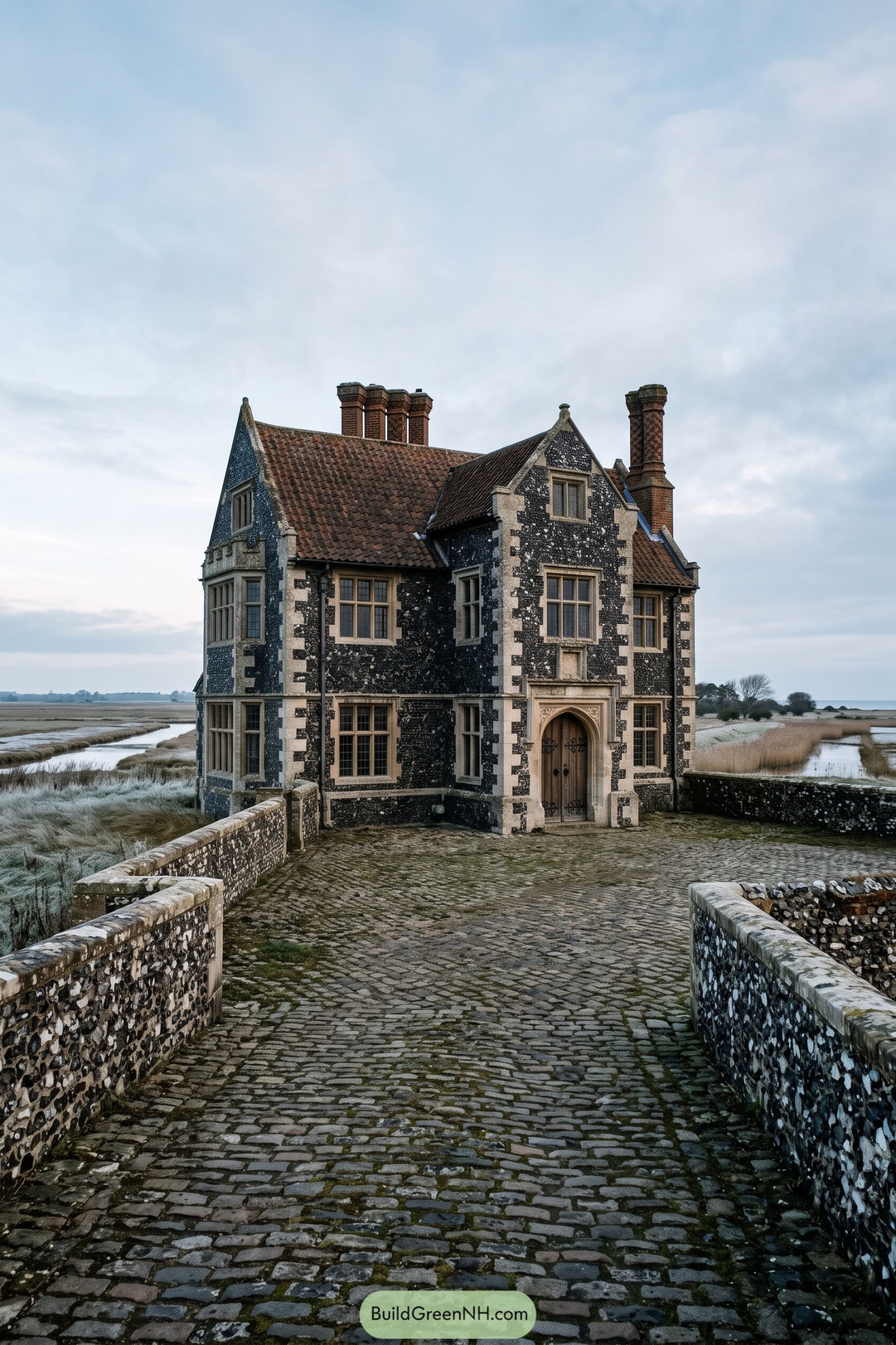 Tudor flint hall beside a cobbled bridge and marshland