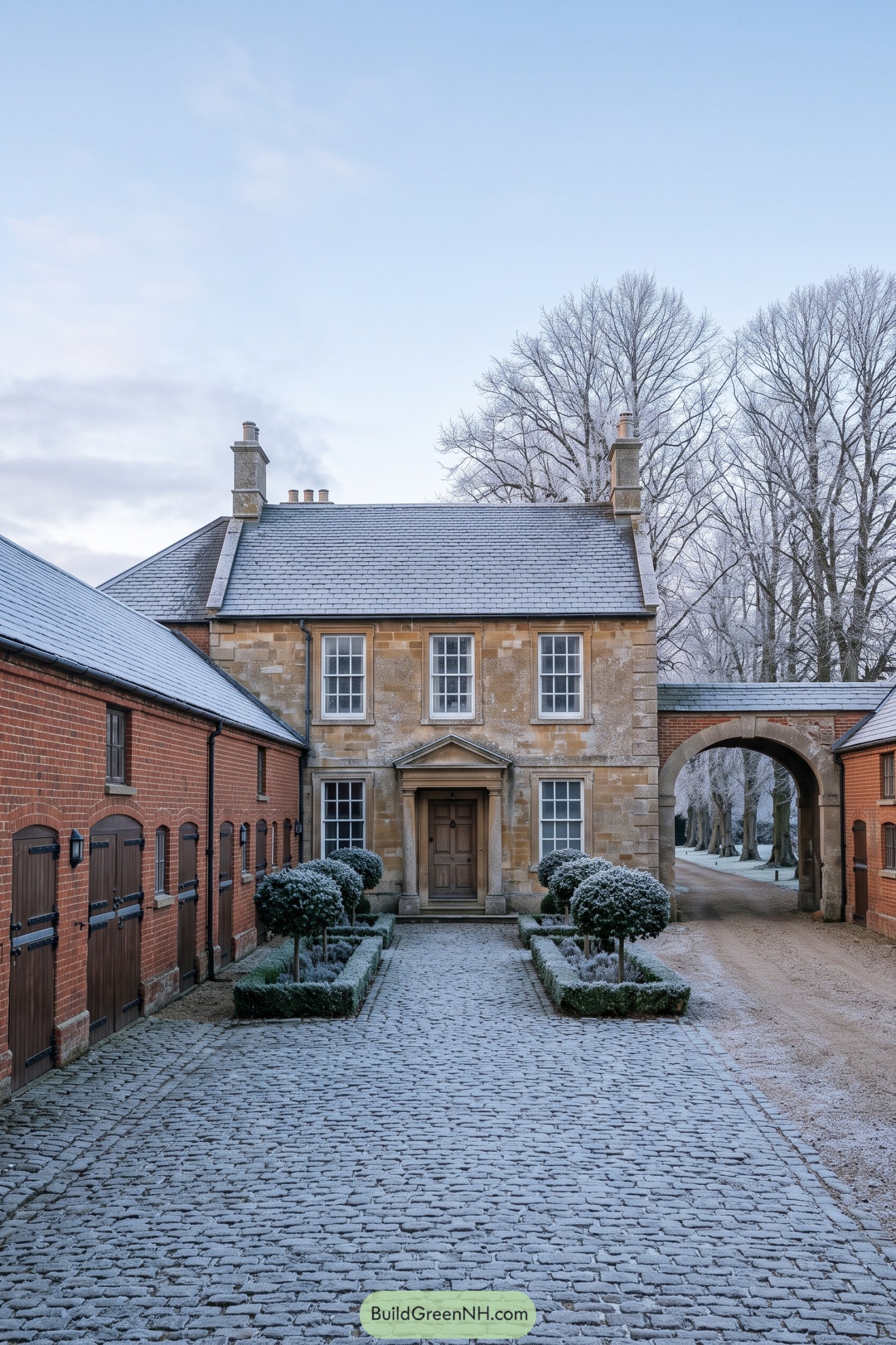 Stone courtyard house with brick wings and arched passage