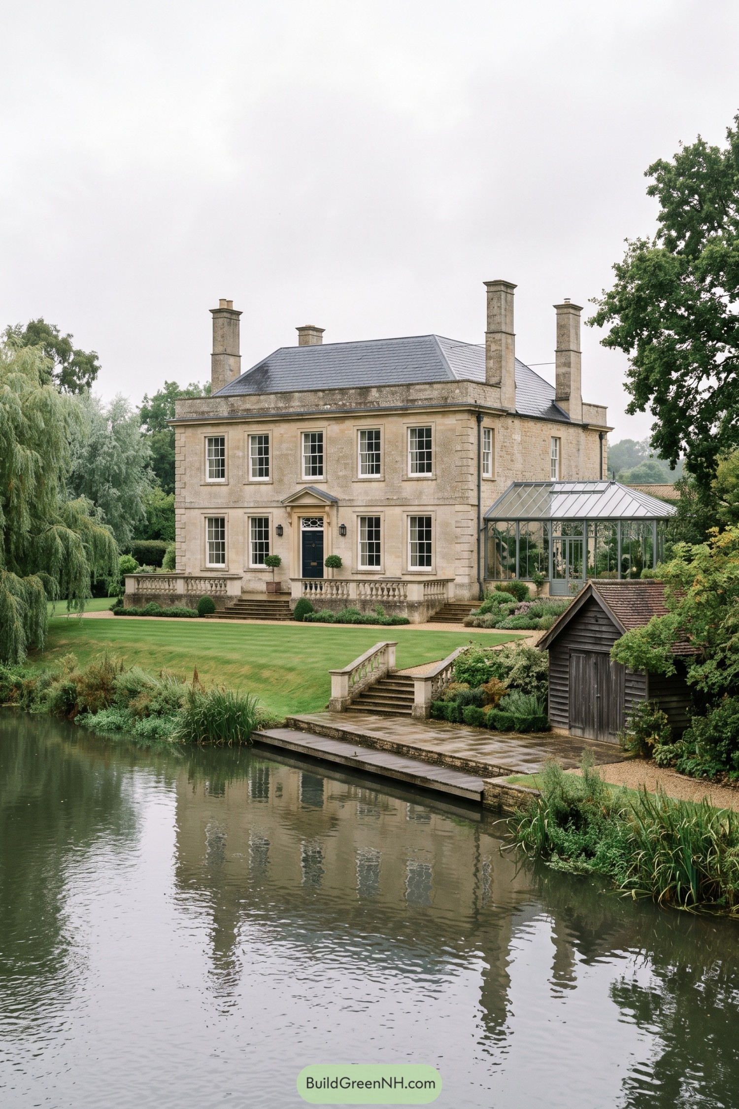 Stone country house with a glass orangery beside a pond