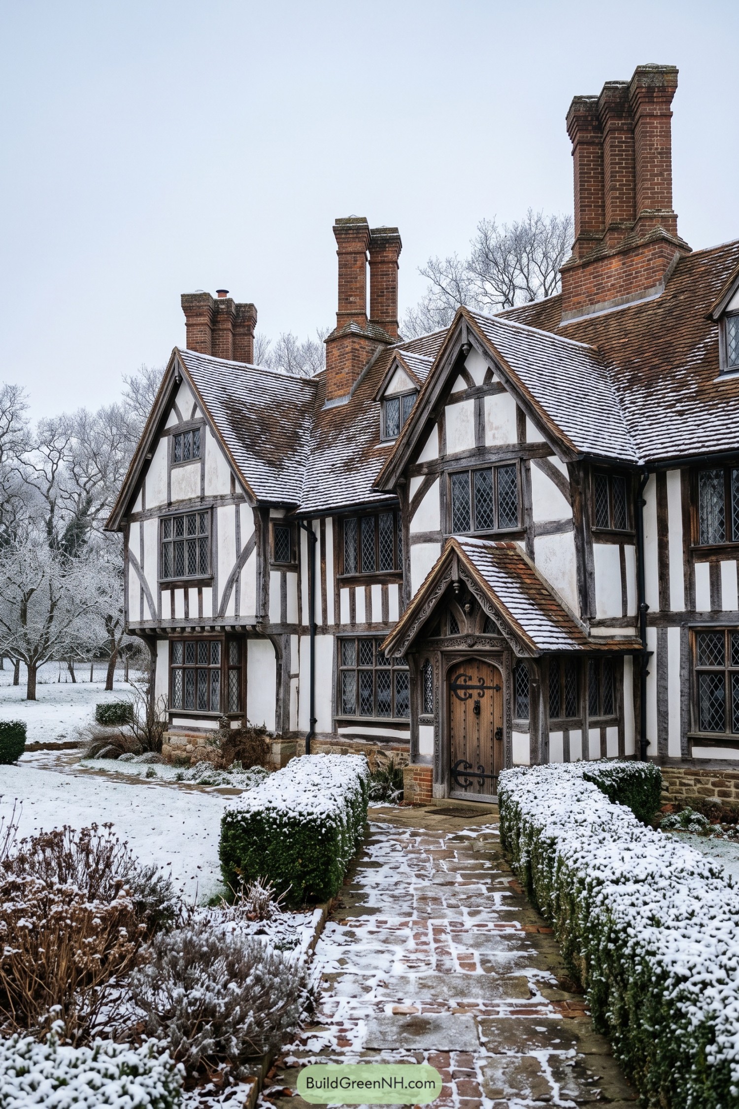 Half-timbered Tudor home with snow-covered gables and tall brick chimneys