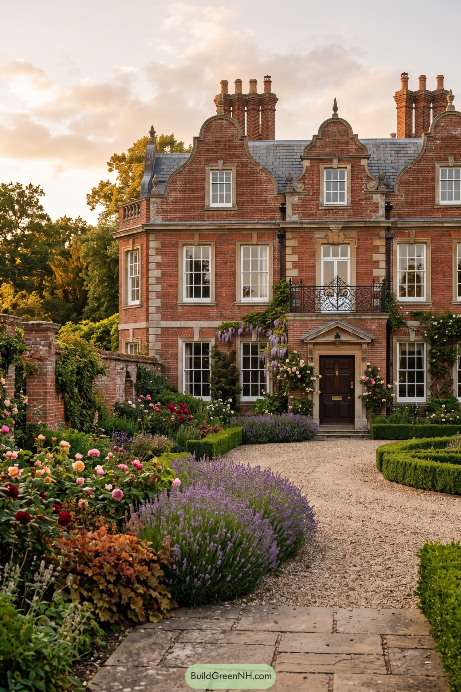 Red brick English house with shaped gables and formal garden