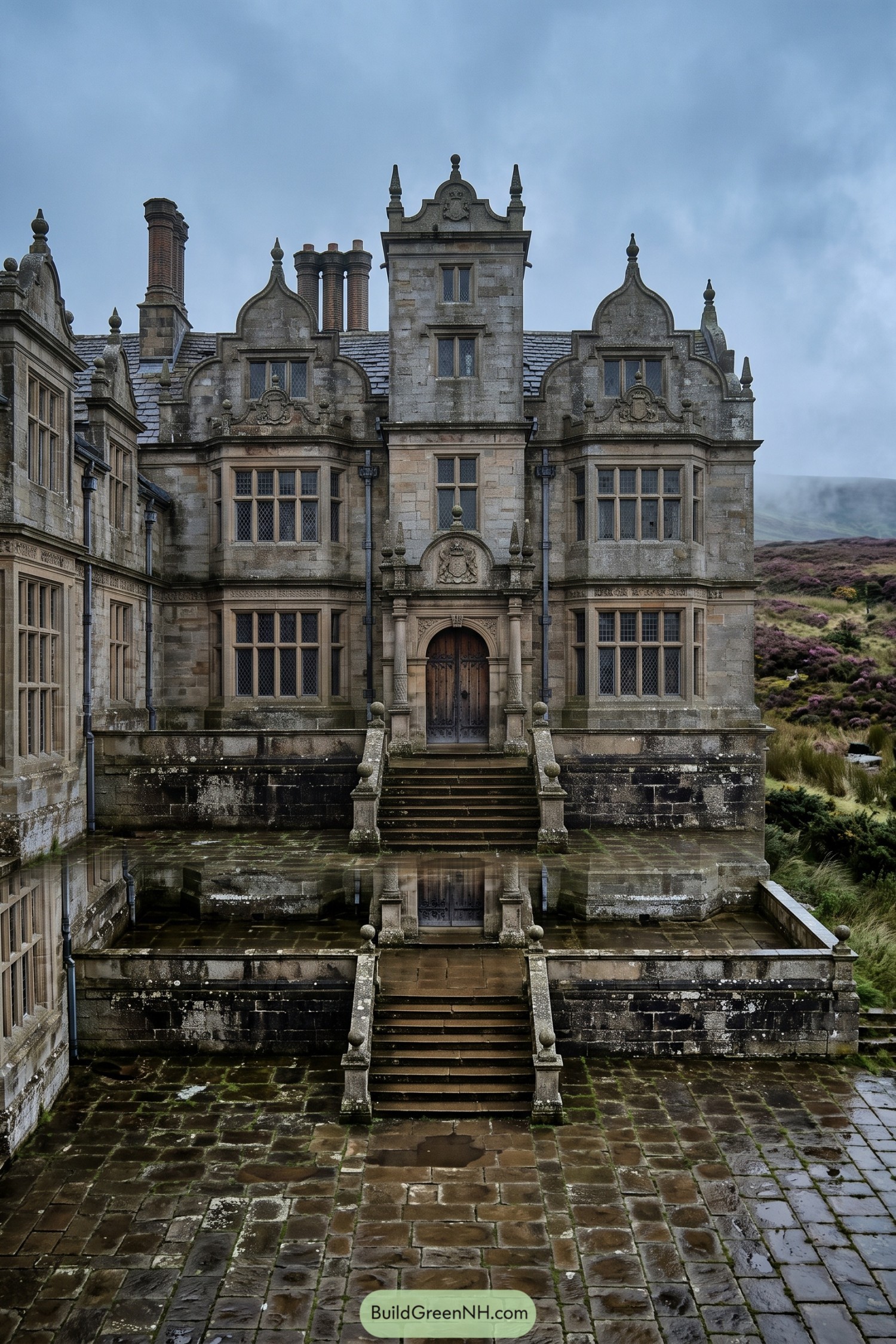 Stone manor with stepped gables and central tower