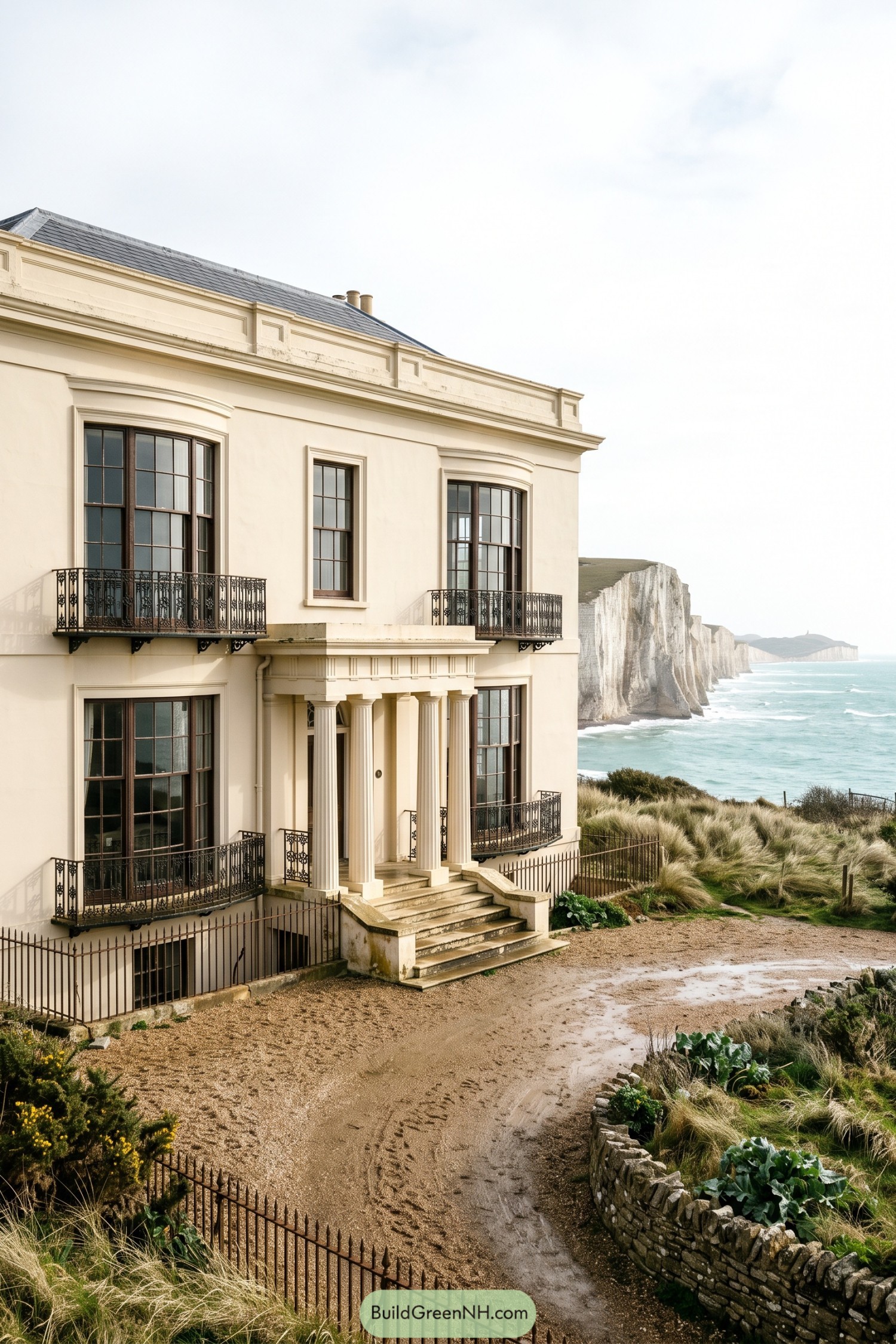 Cream Palladian villa with balconies beside coastal cliffs
