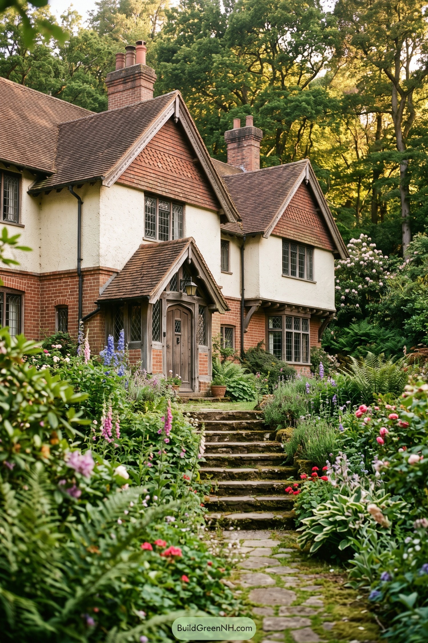 English Arts and Crafts cottage with steep gables and flower garden
