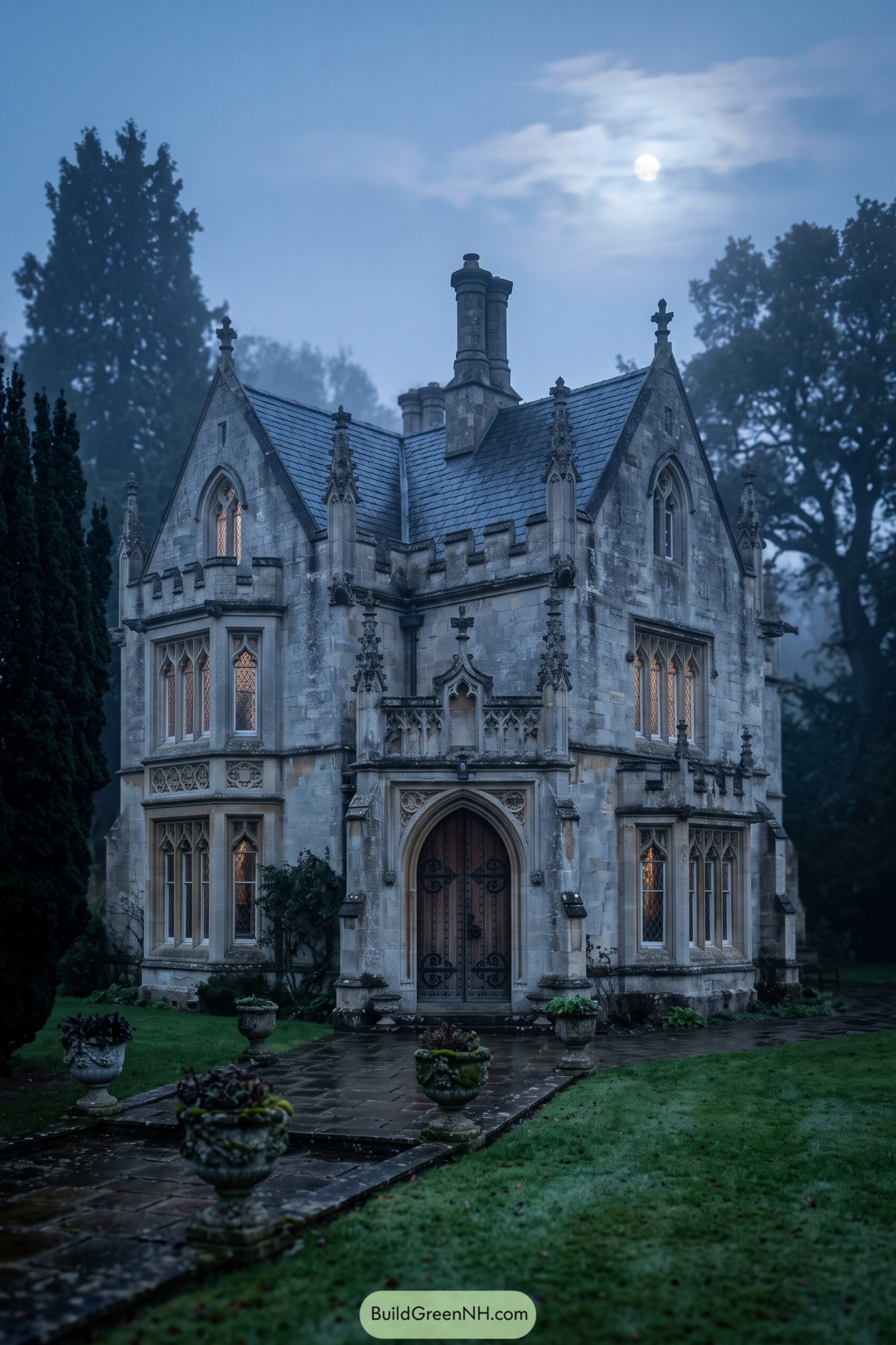 Stone Gothic Revival house with pointed windows and ornate gables