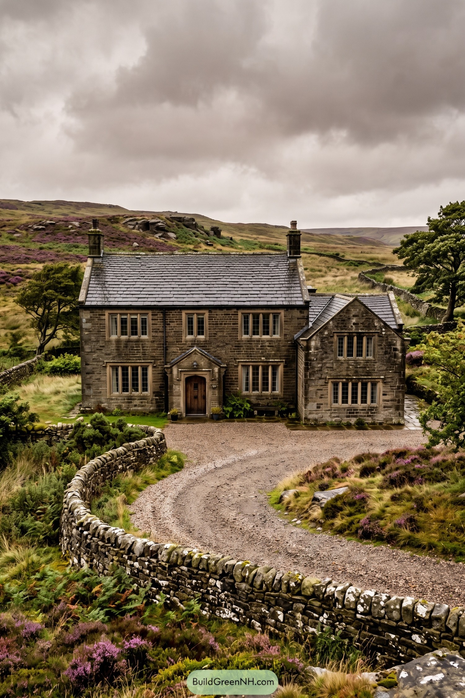 Stone country house with slate roof and dry stone walls