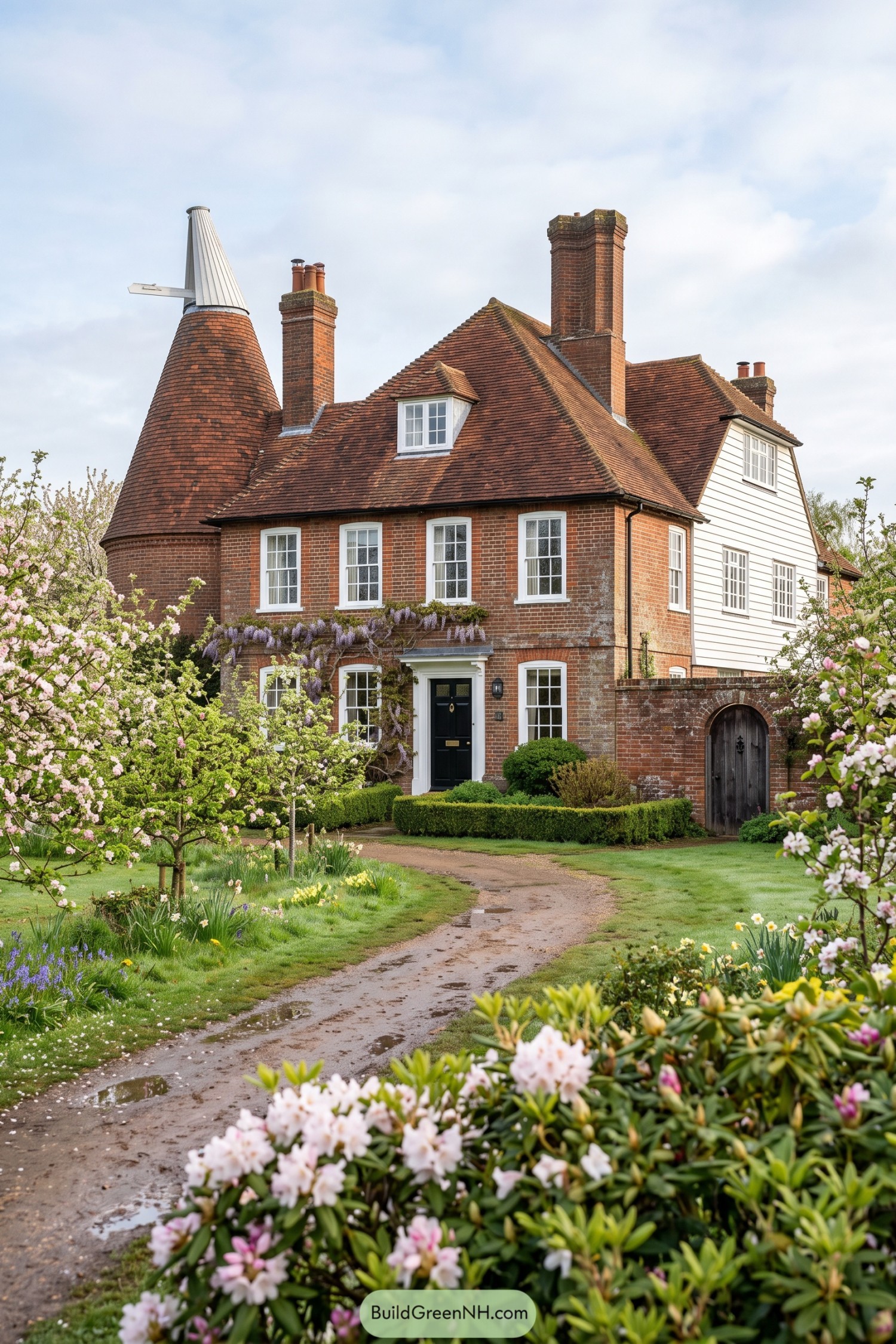 Red brick oast house with a conical kiln roof and blooming garden