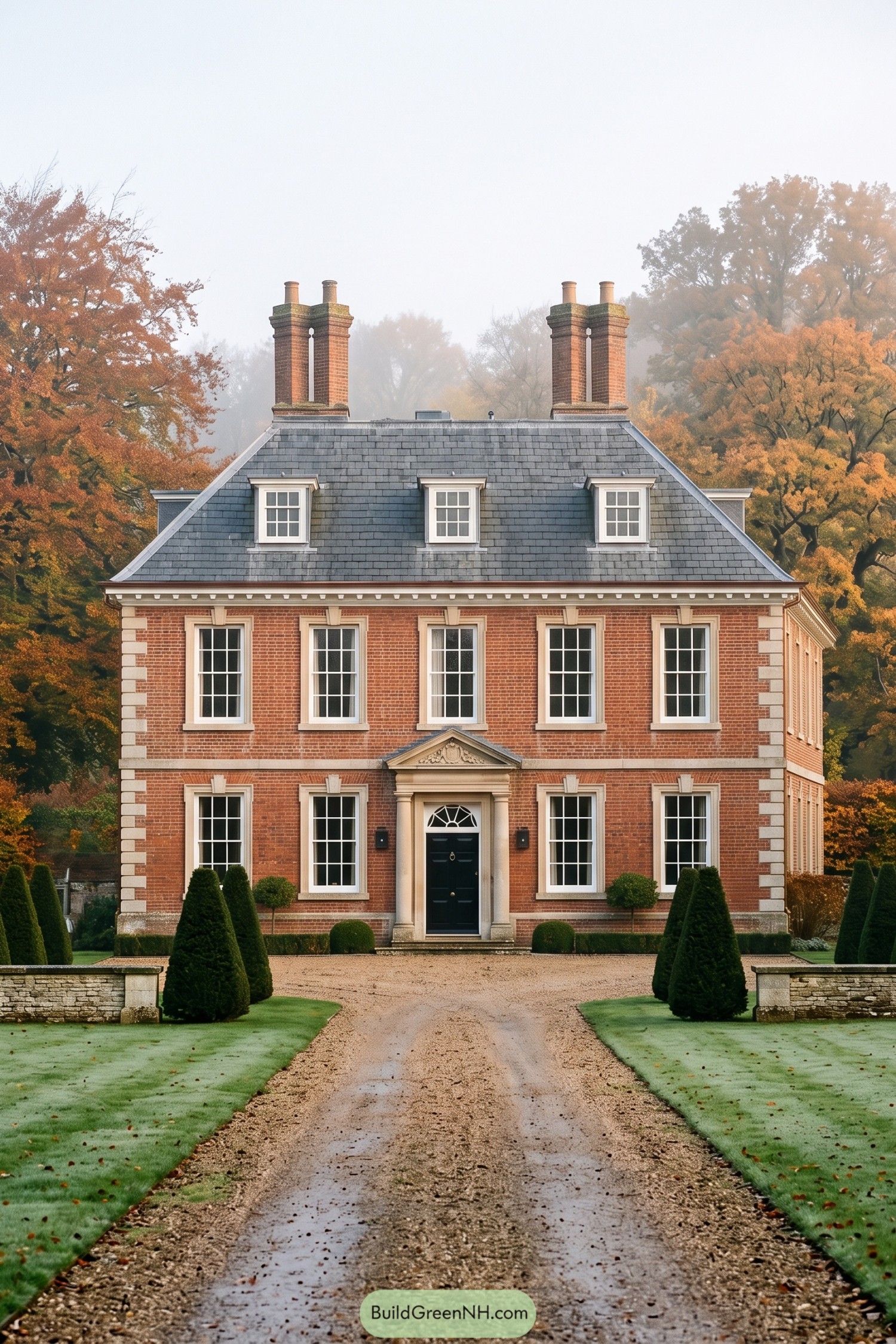 Red brick Georgian manor with slate roof and clipped yew garden