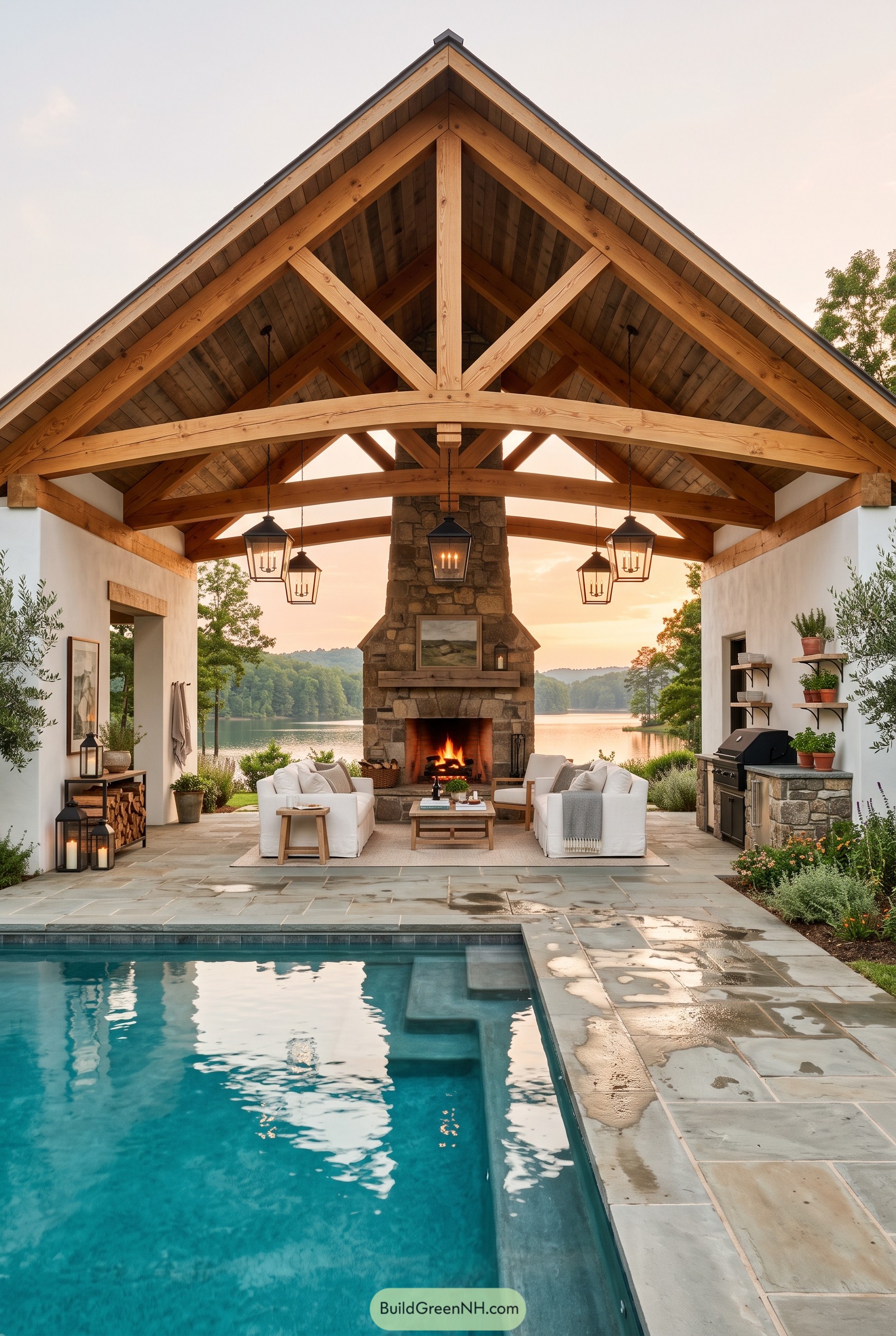 Timber pool house with stone fireplace by lake