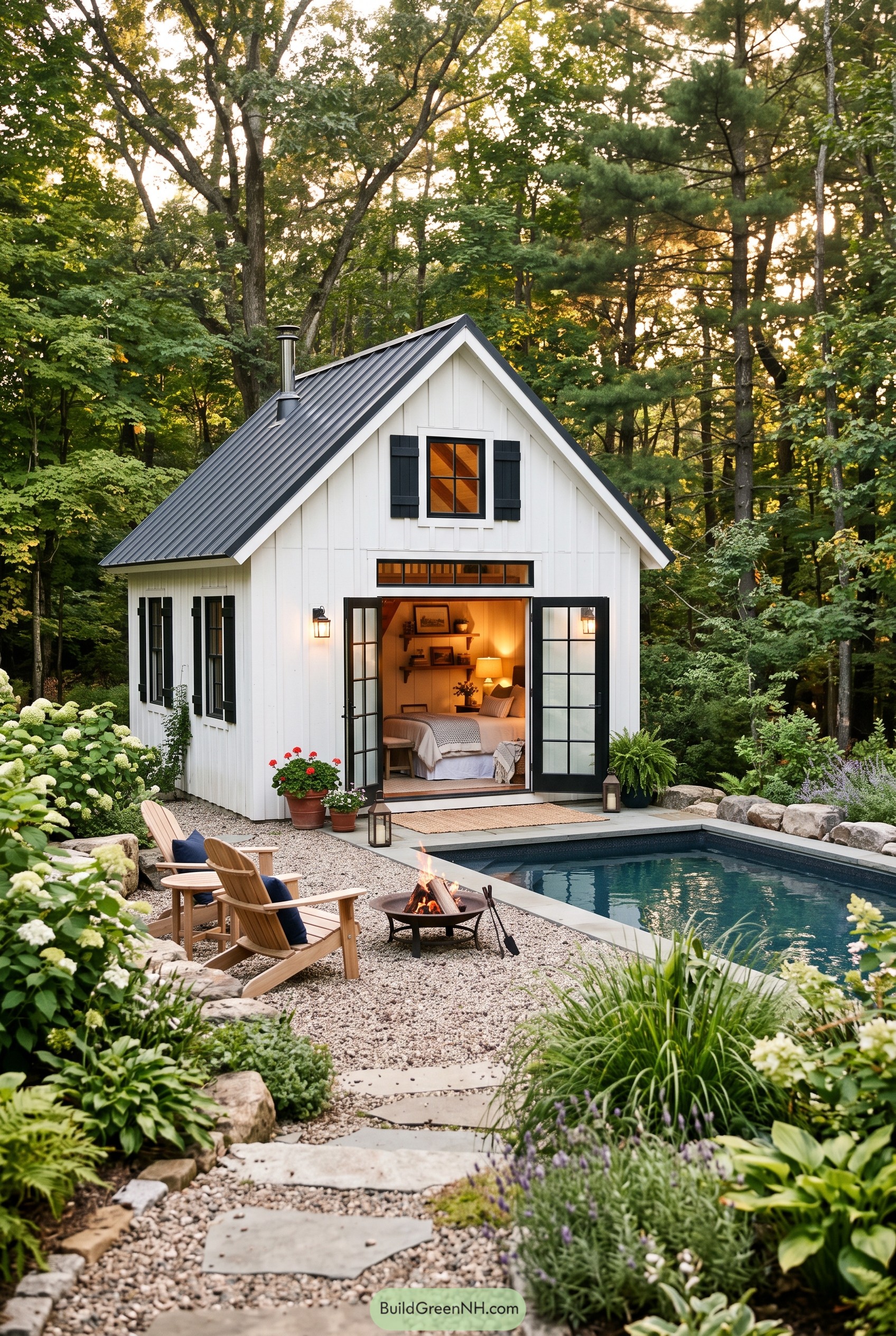 White farmhouse pool house beside a wooded pool