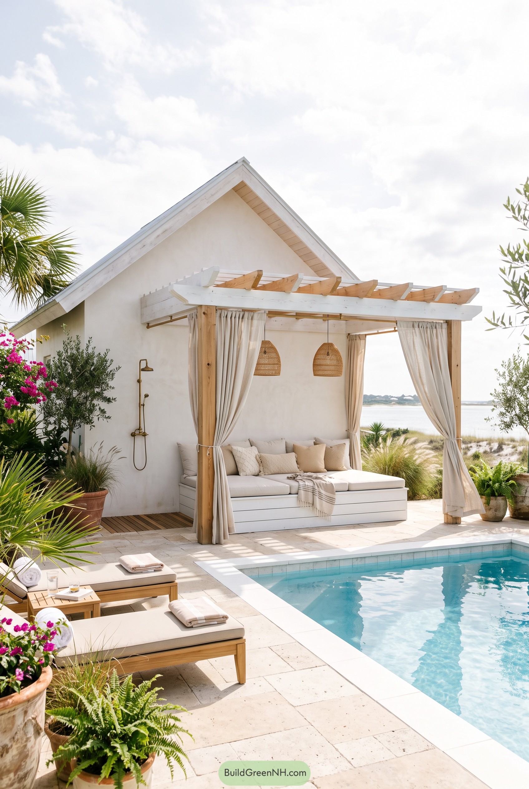 White gable pool house with curtained pergola