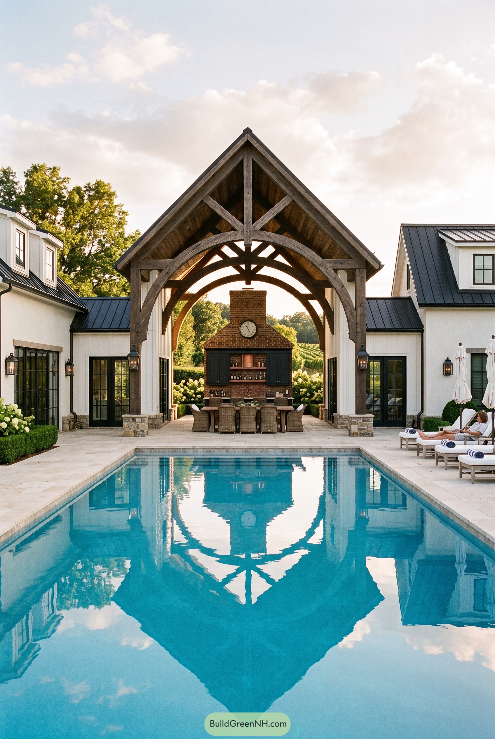 Farmhouse pool house with timber arch pavilion