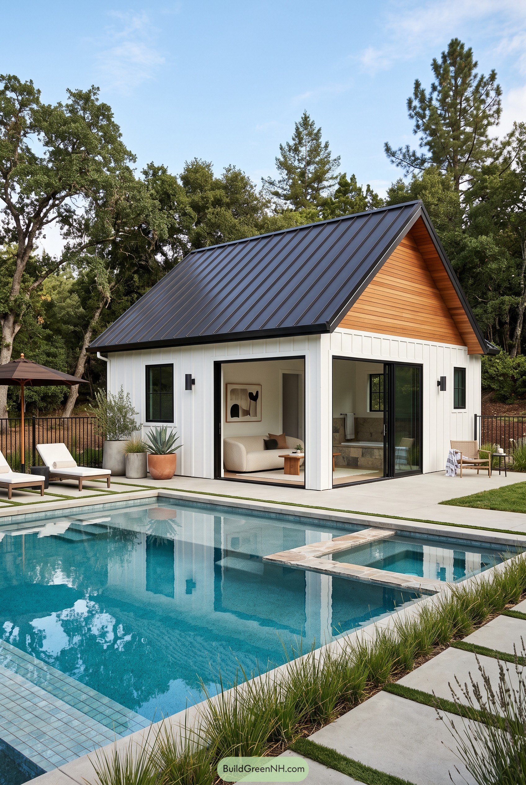 White farmhouse pool house with black metal roof