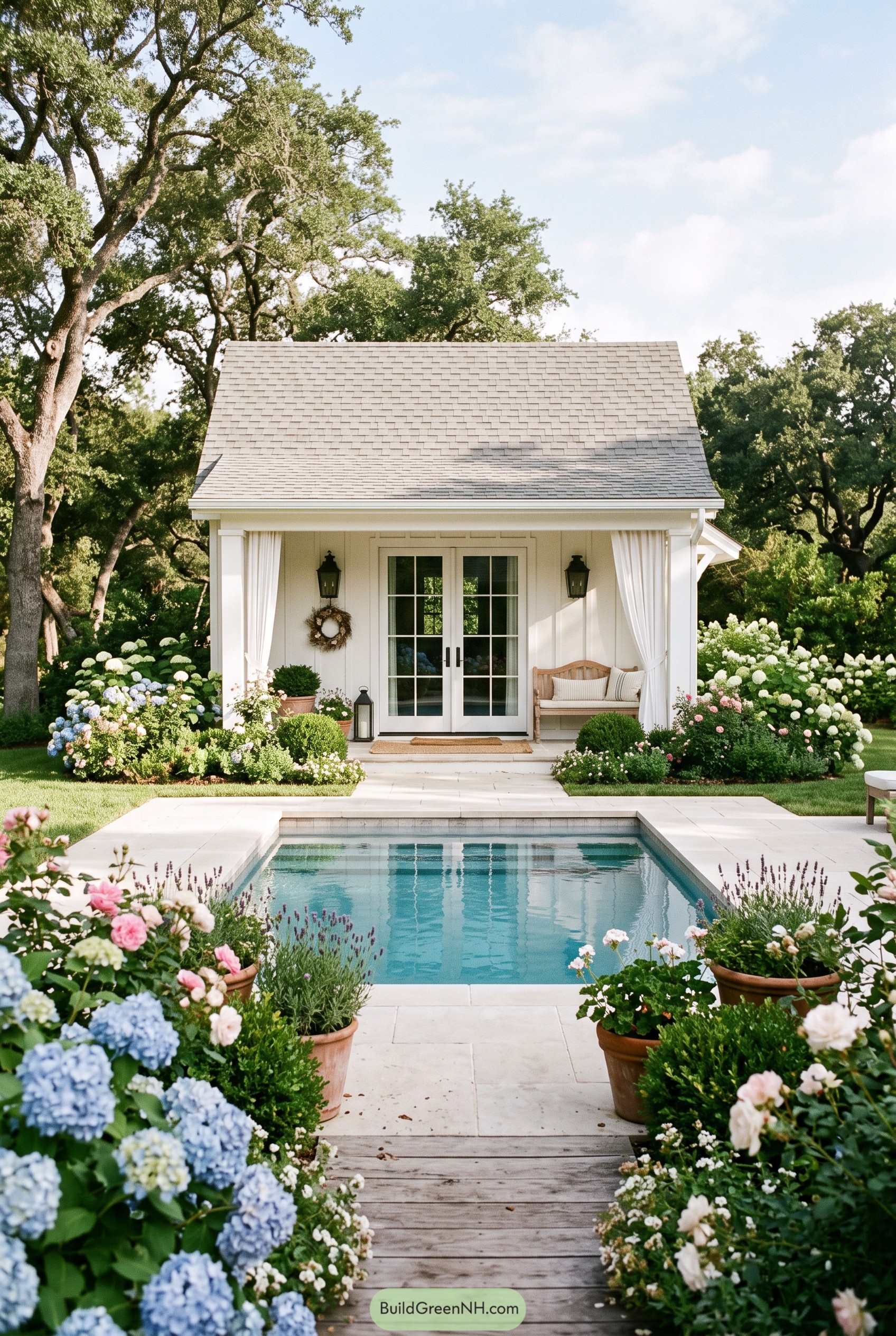 White pool house with garden and pool