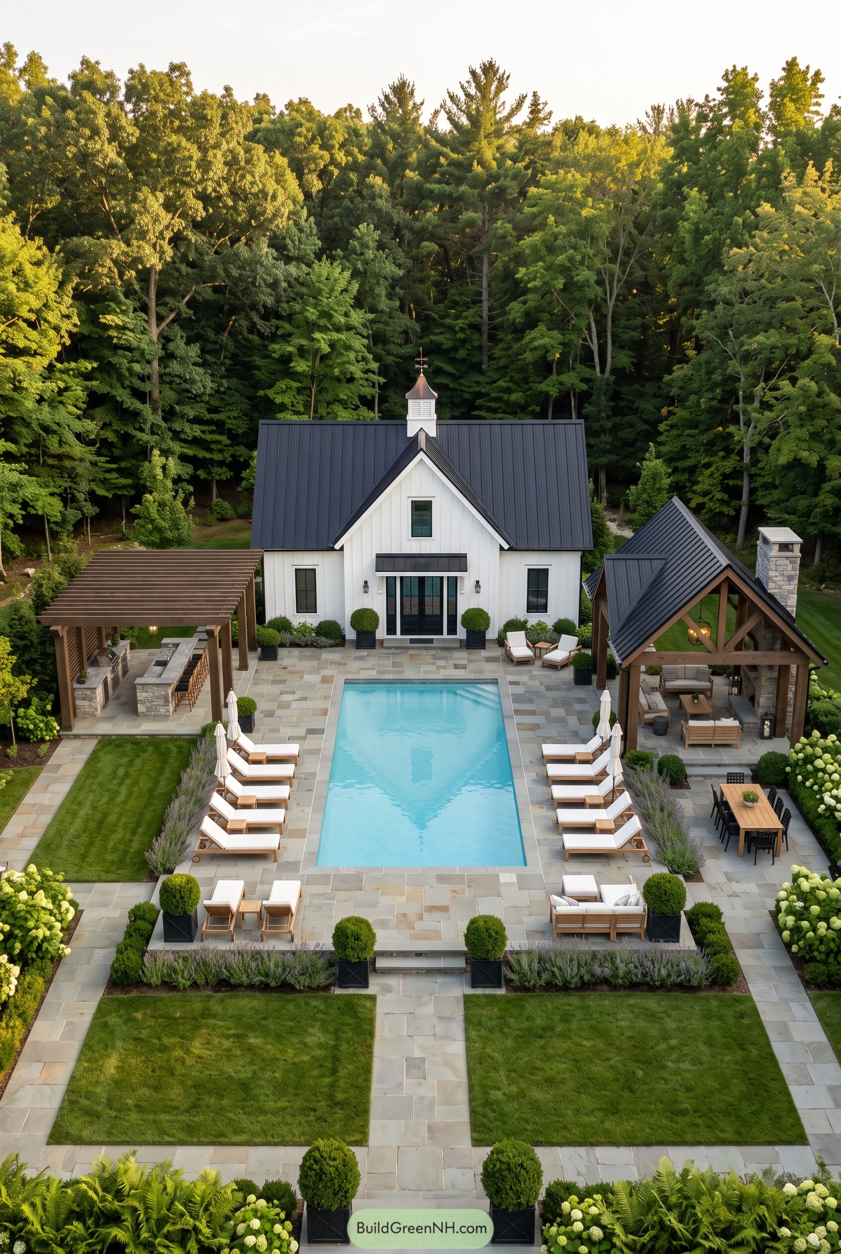Farmhouse pool house with black metal roof and patio
