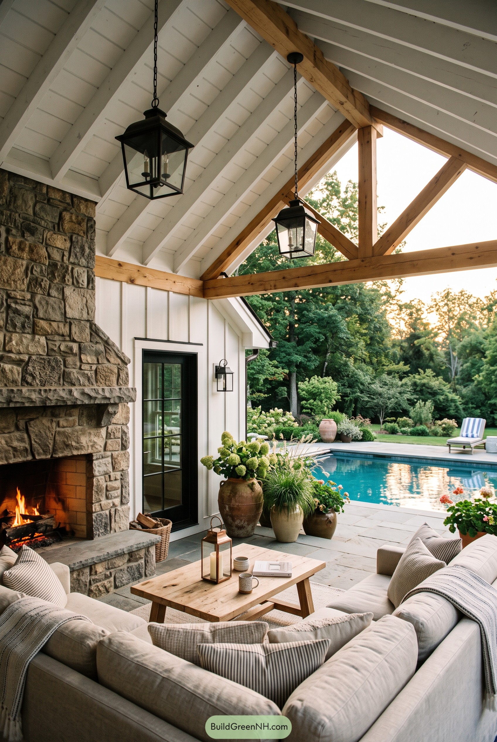 Farmhouse pool house with timber trusses and stone fireplace