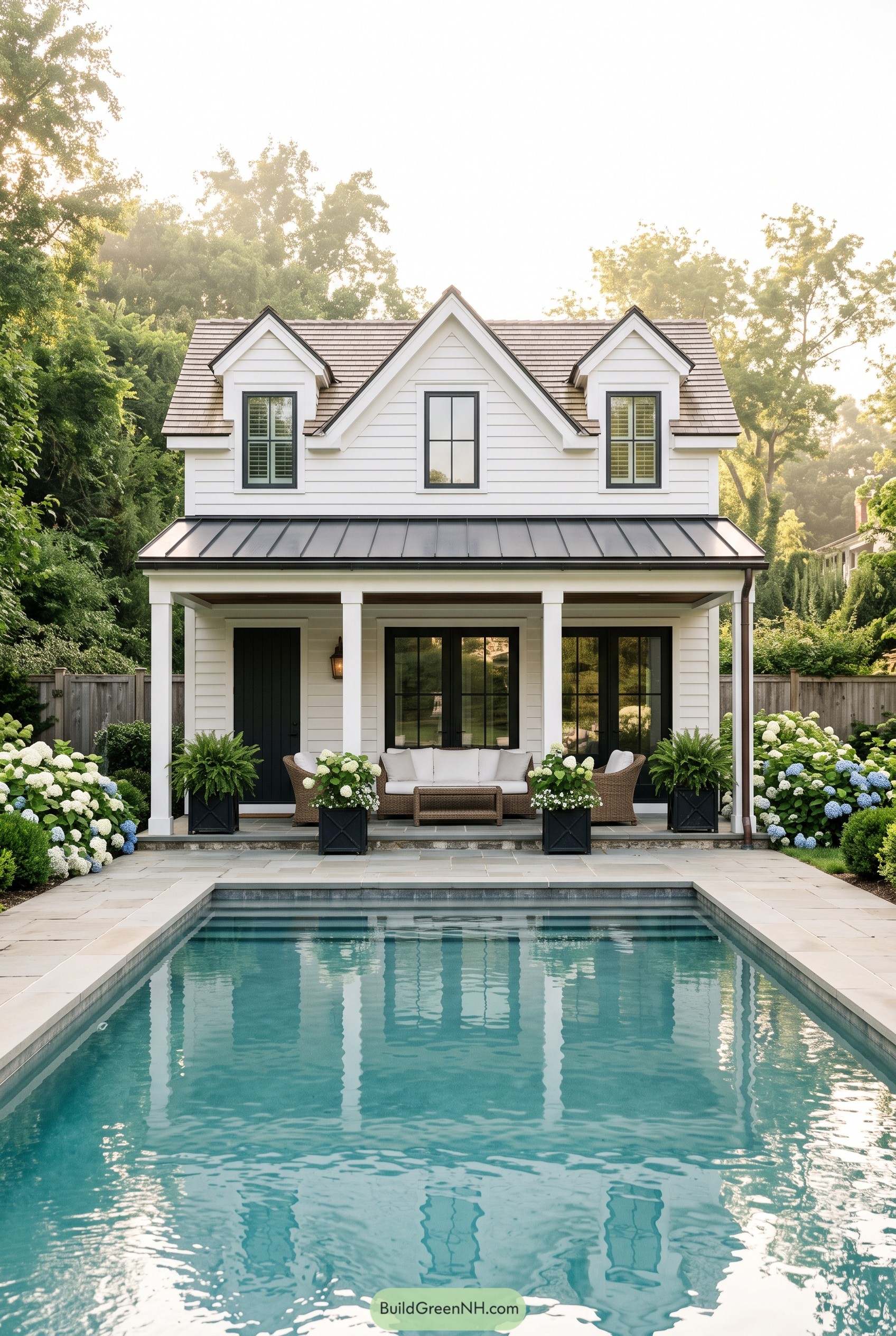 White farmhouse pool house with gabled roof