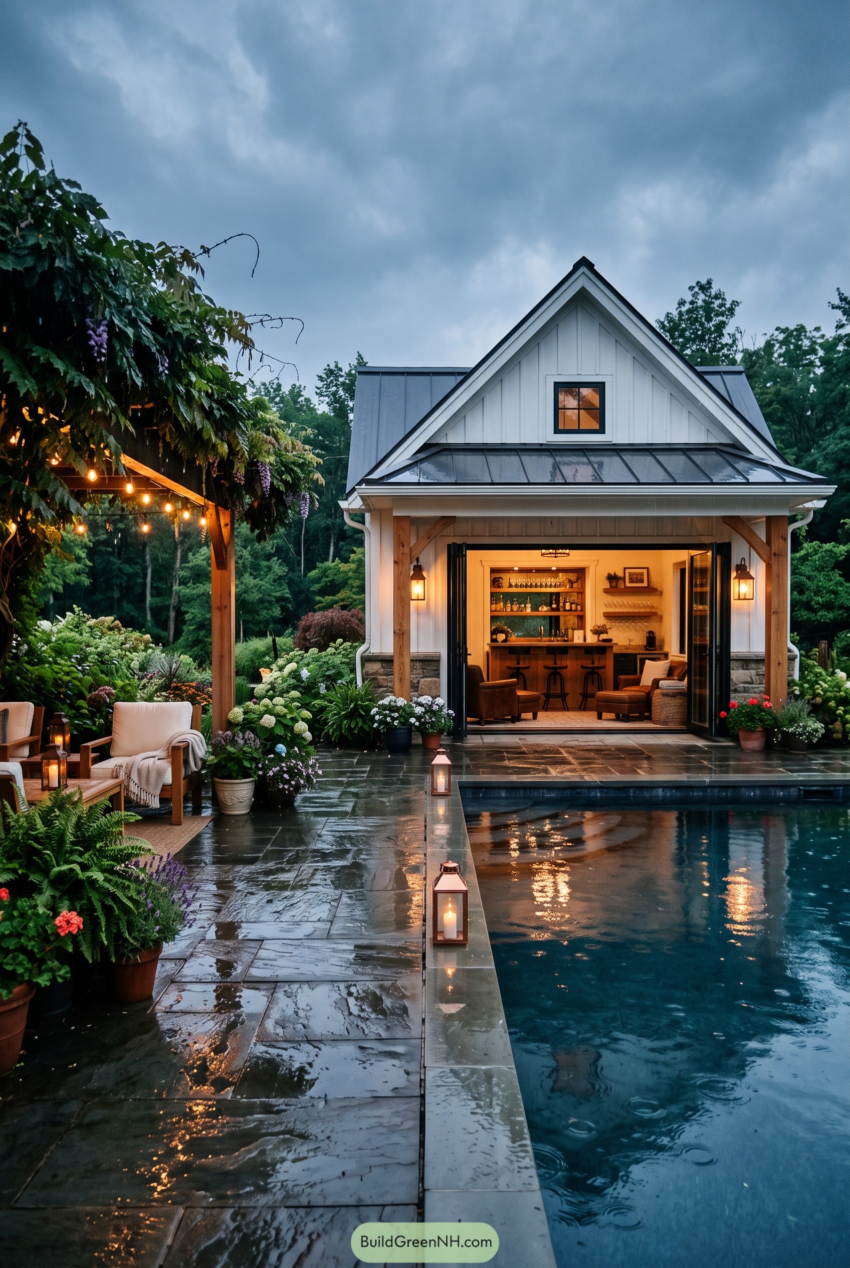 White farmhouse pool house beside a rainy pool