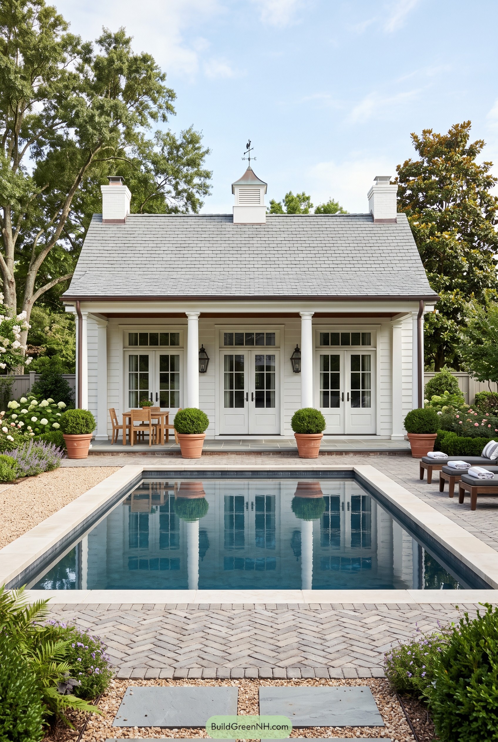 White farmhouse pool house beside a pool