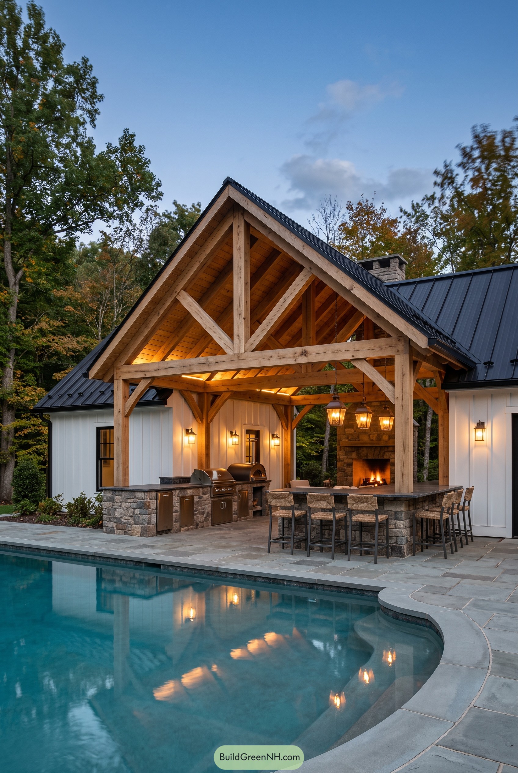 Timber farmhouse pool house with outdoor kitchen