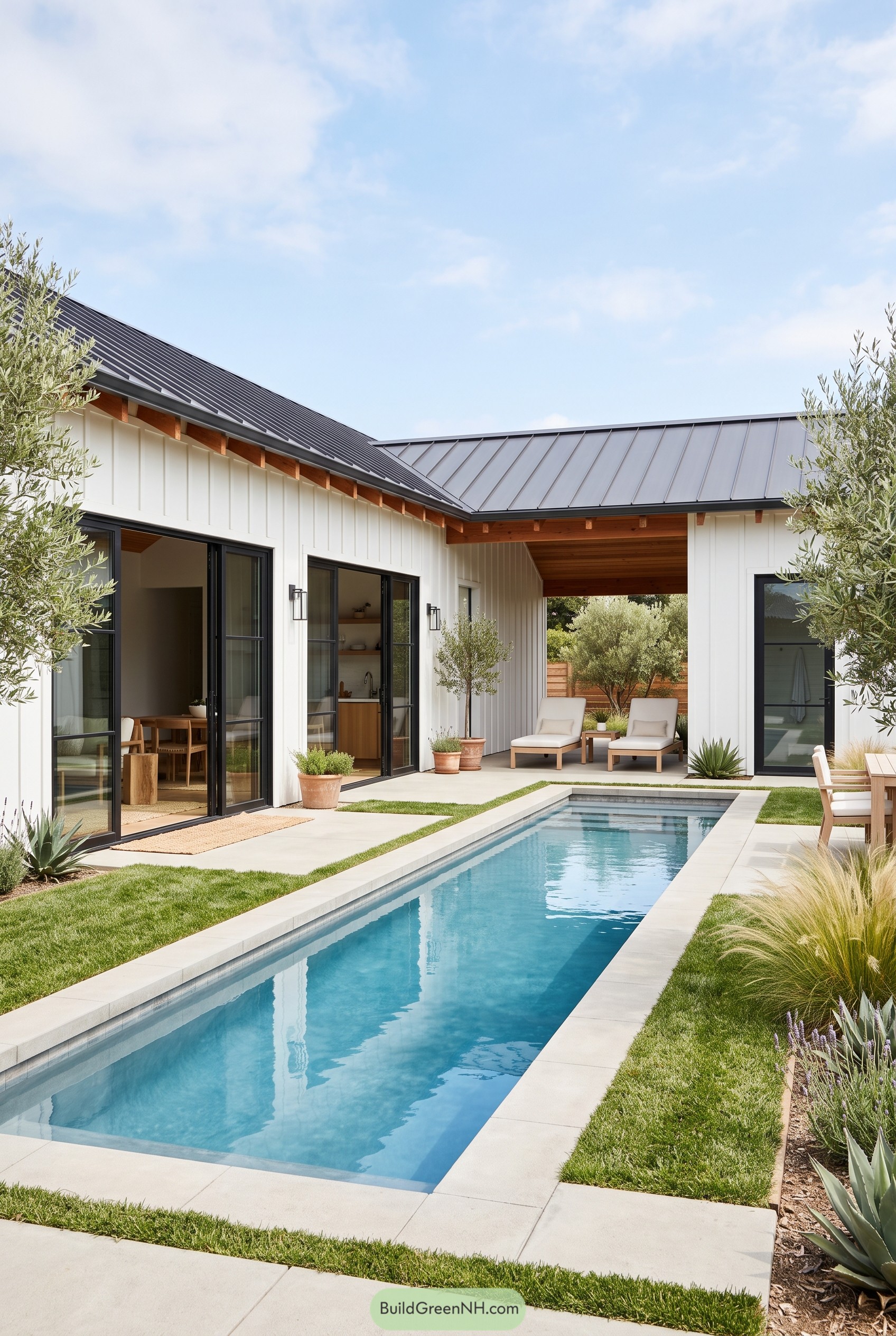 White farmhouse pool house with lap pool