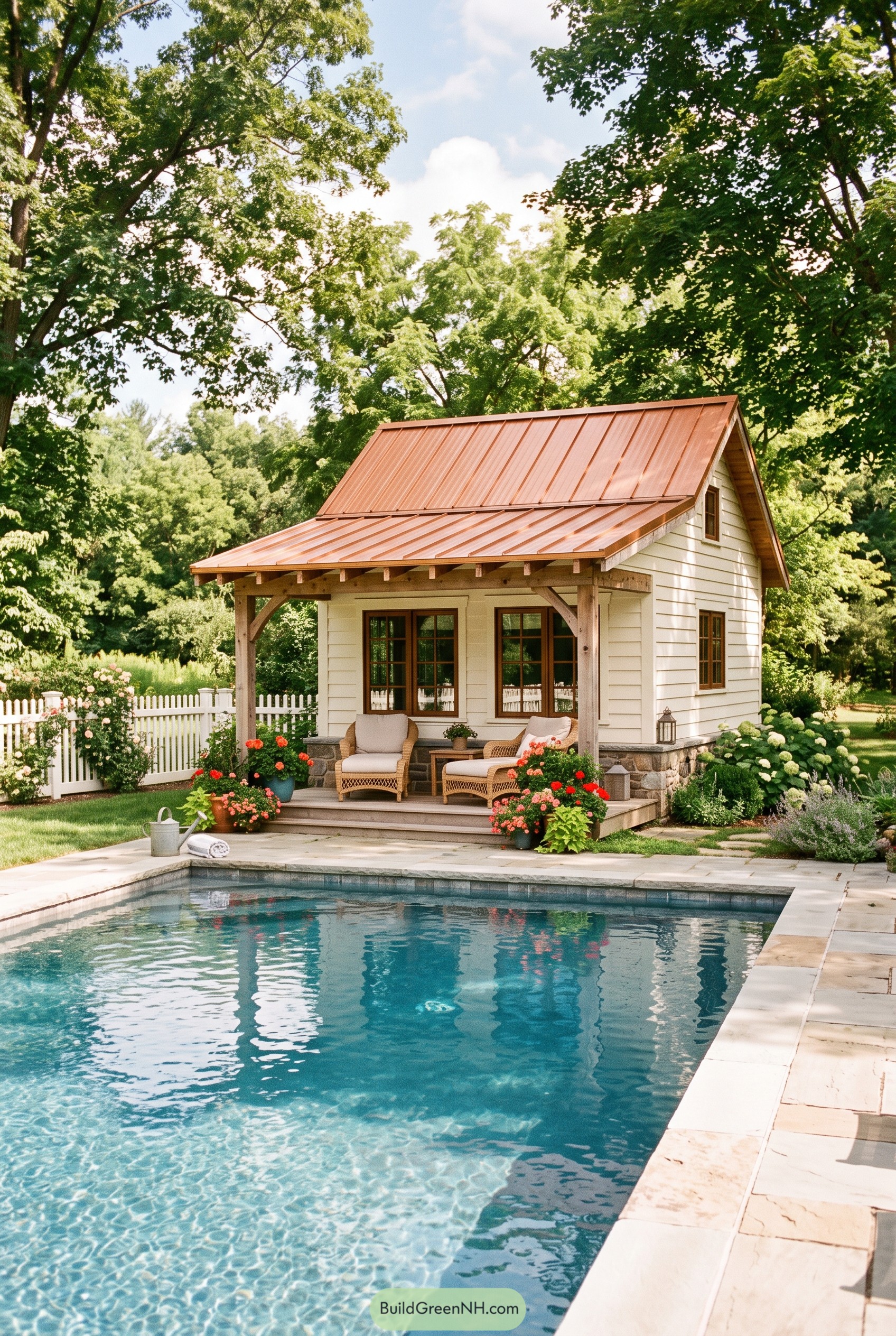 Farmhouse pool house with copper roof