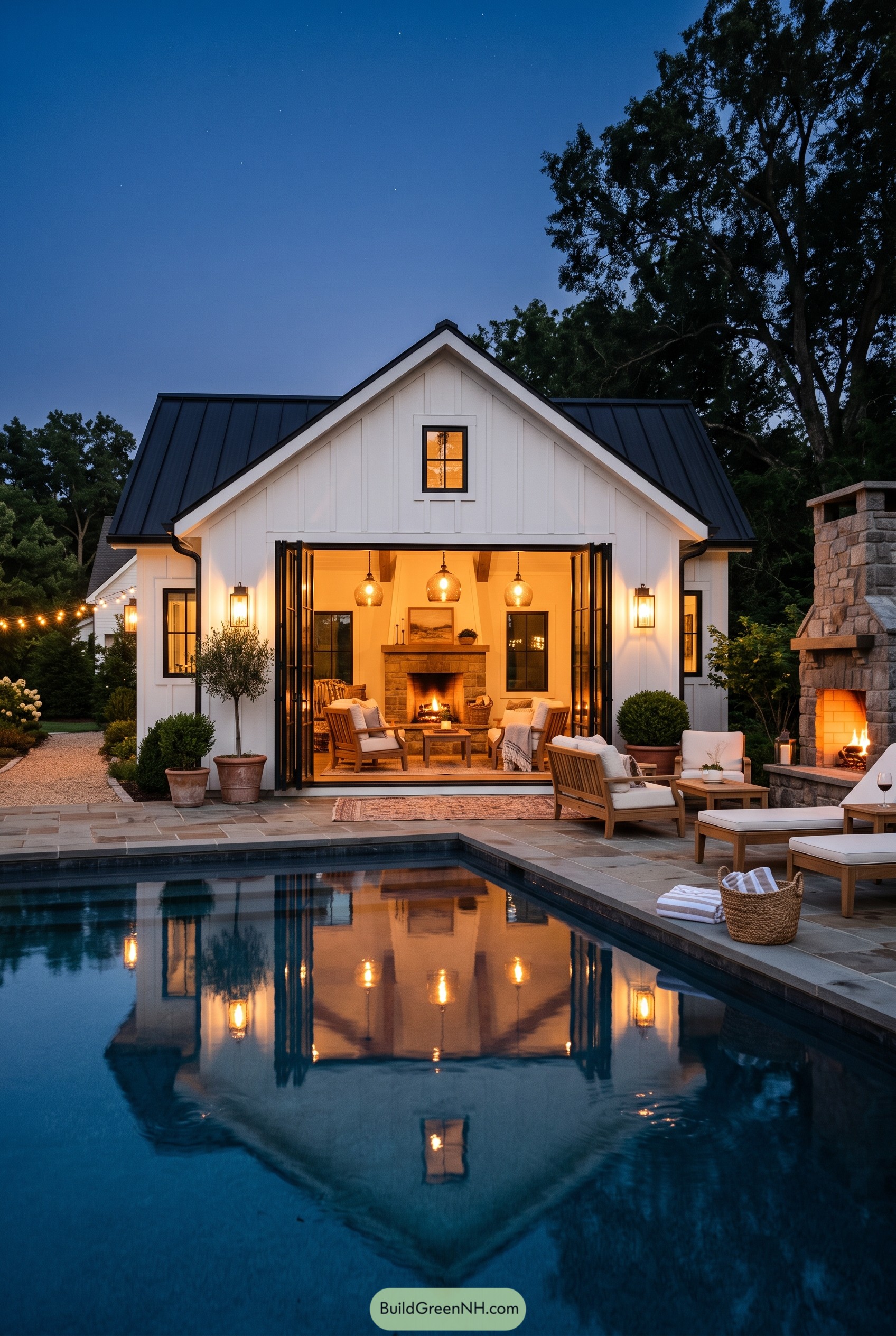 White farmhouse pool house by pool at dusk