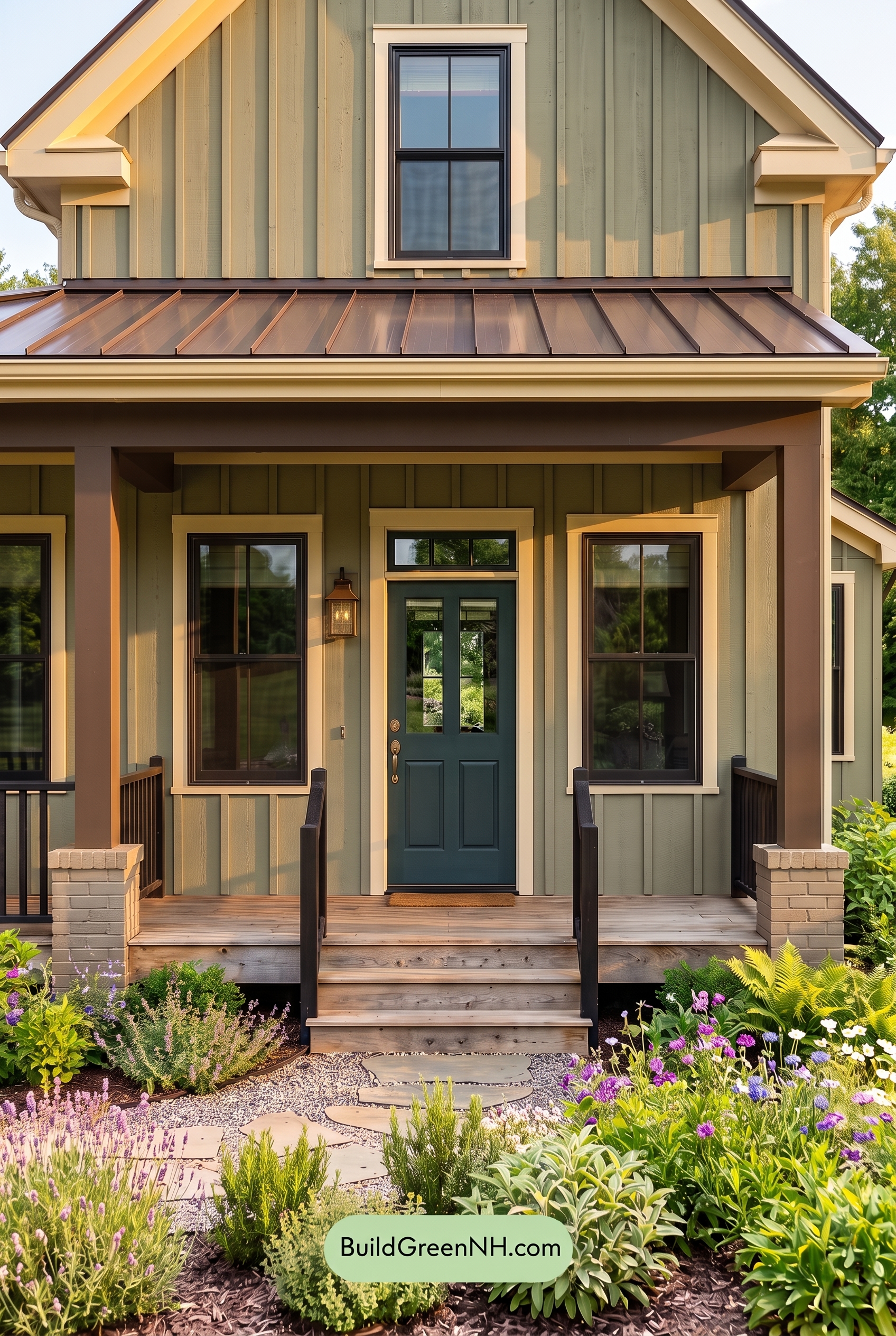 Green Farmhouse Exterior Color Scheme: Artichoke Dark Hearth - Golden Hour