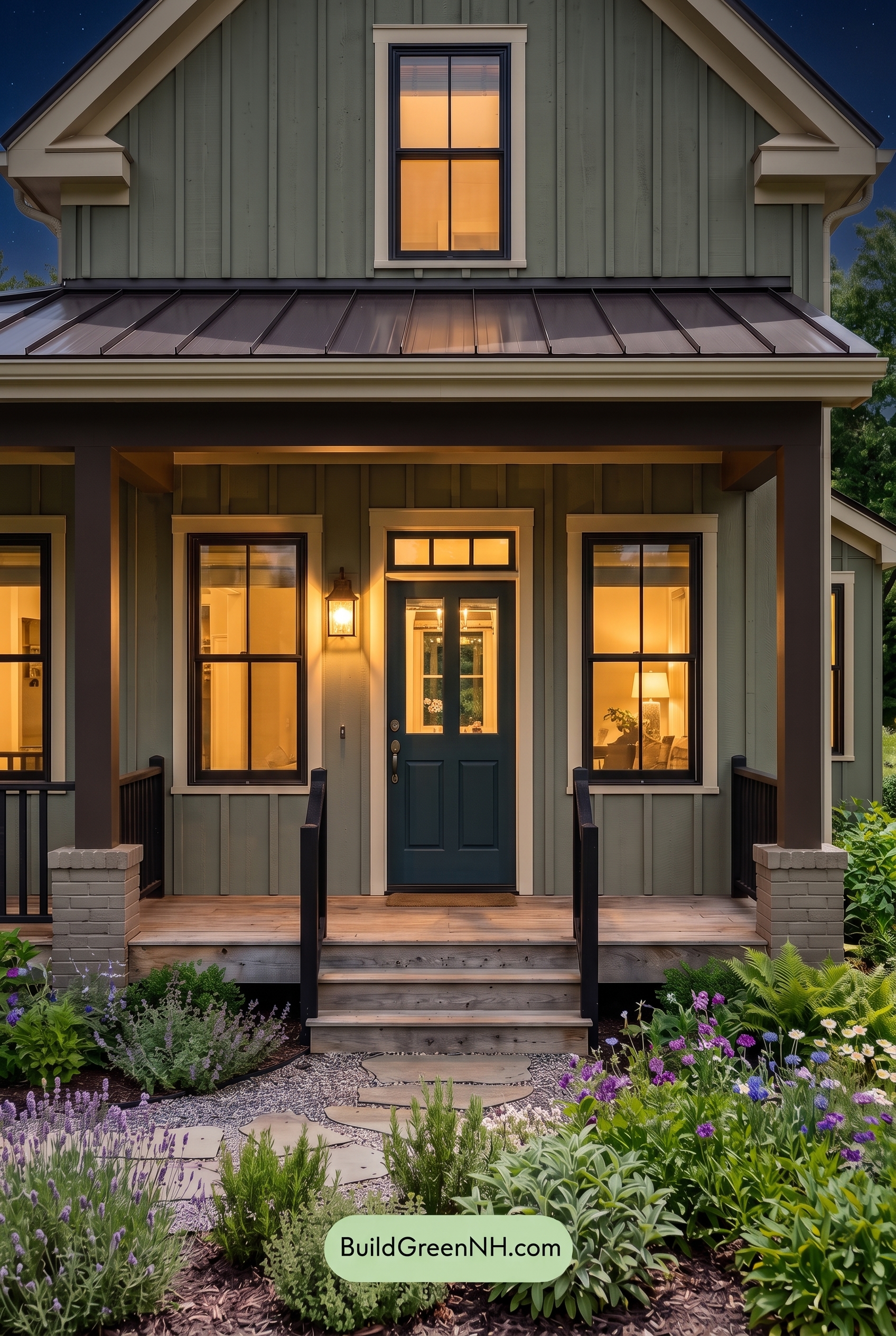 Green Farmhouse Exterior Color Scheme: Artichoke Dark Hearth - Nighttime