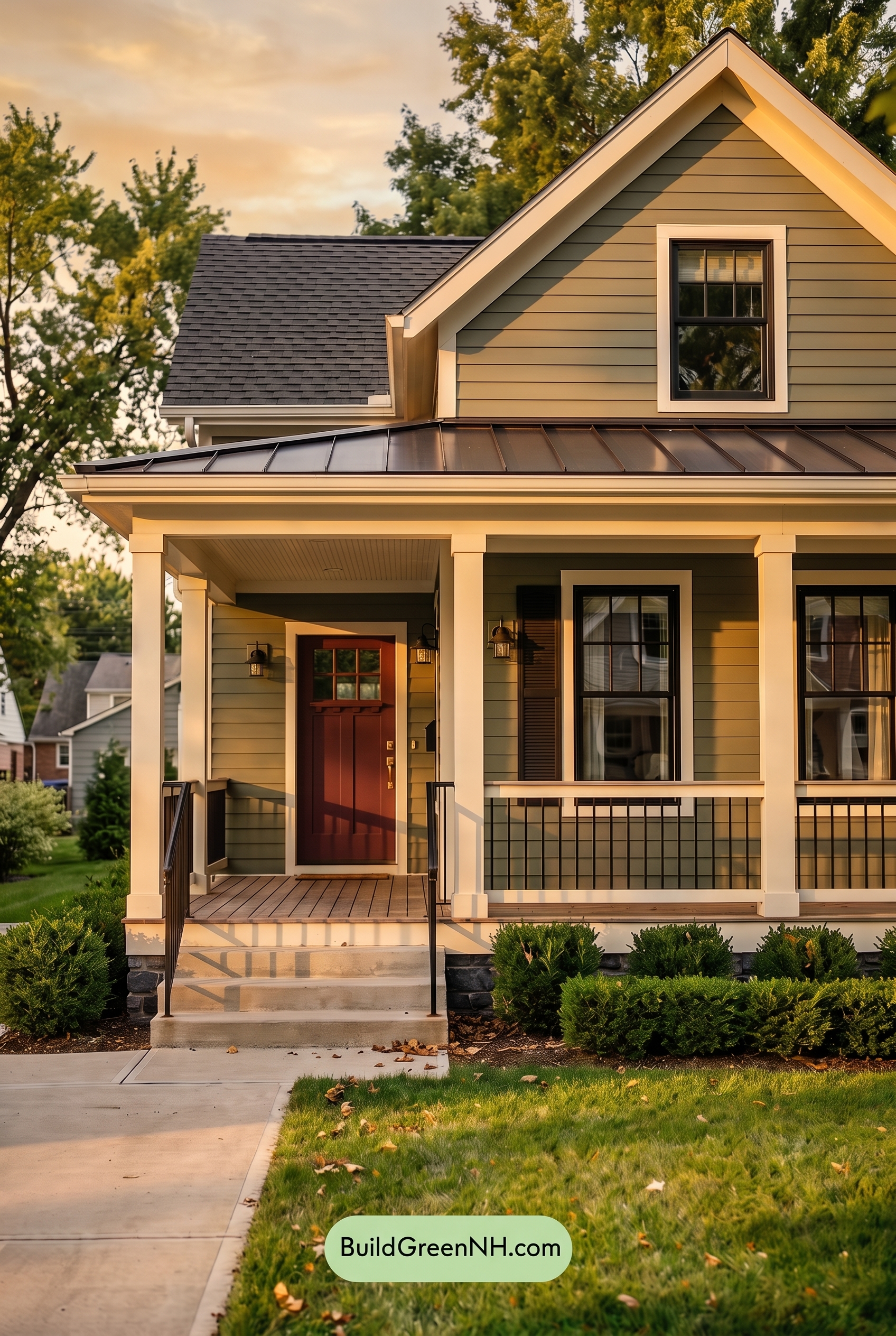Green Farmhouse Exterior Color Scheme: Basil Iron Gable - Golden Hour