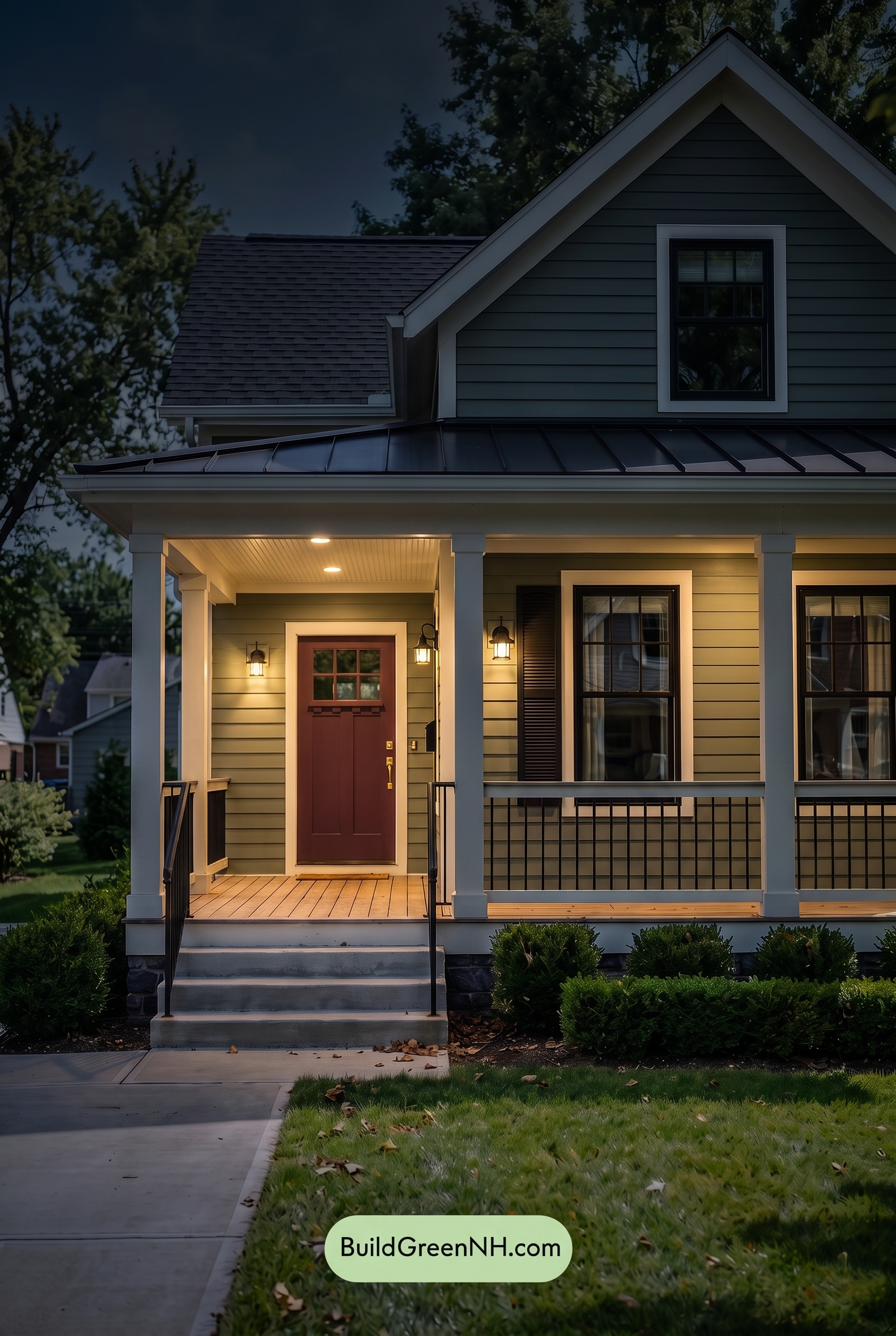 Green Farmhouse Exterior Color Scheme: Basil Iron Gable - Nighttime