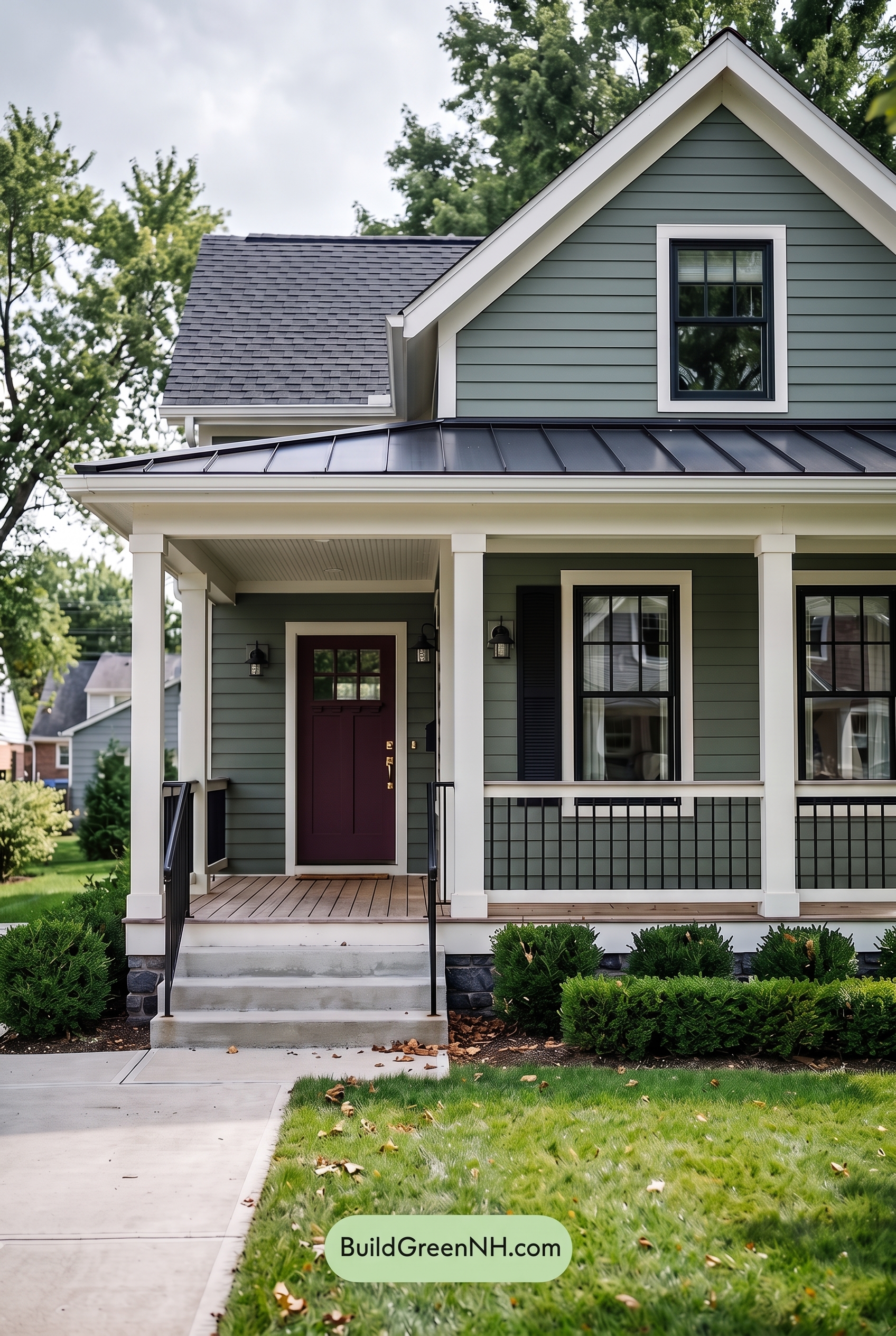 Green Farmhouse Exterior Color Scheme: Basil Iron Gable - Overcast