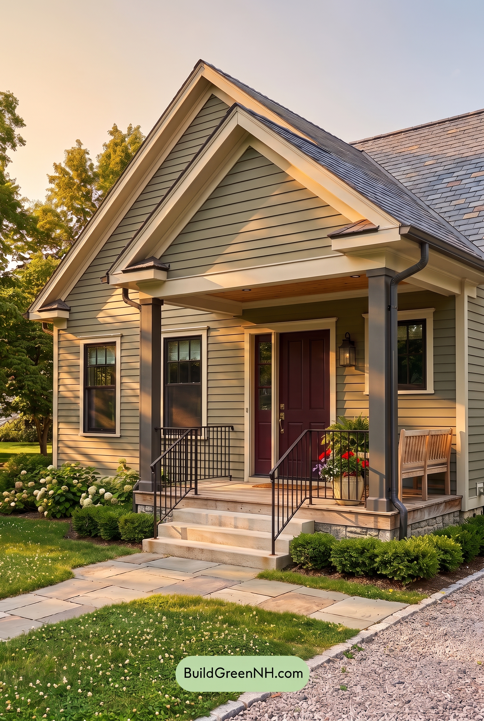 Green Farmhouse Exterior Color Scheme: Caper Graphite Porch - Golden Hour